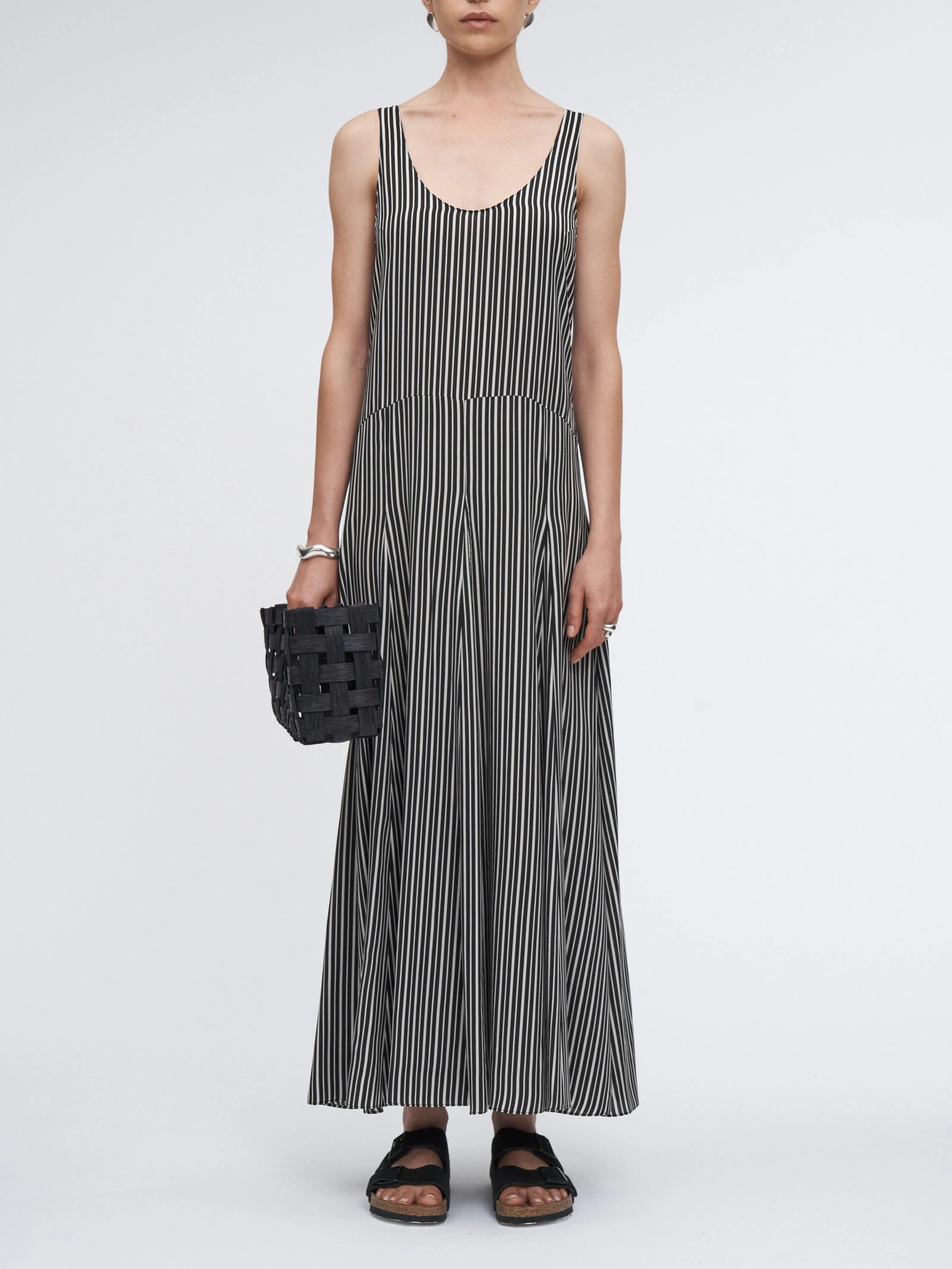 Godet Dress in Black/White Awning Stripe sold by MARIA McMANUS