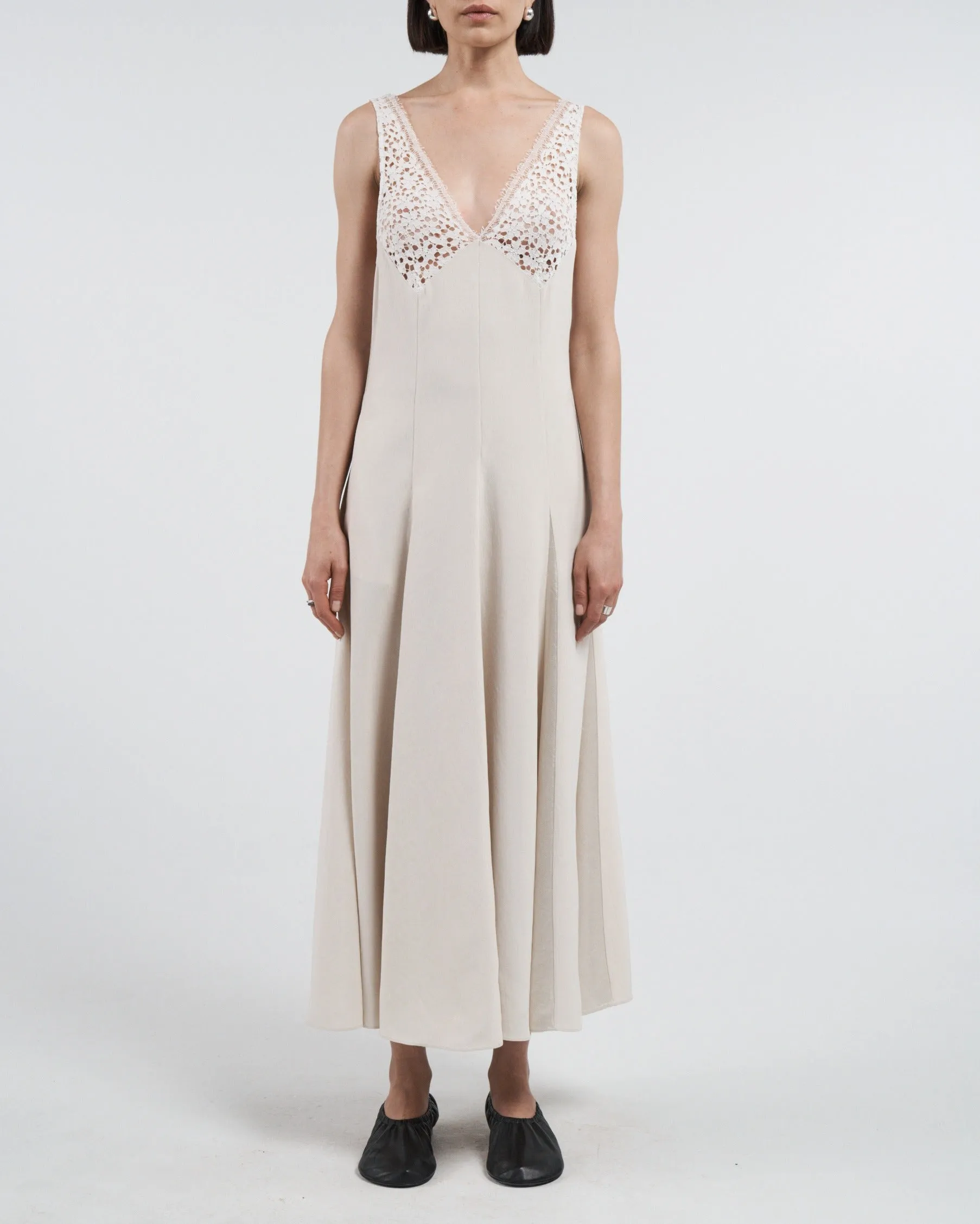 V-Neck Lace Detail Dress in Ivory sold by MARIA McMANUS