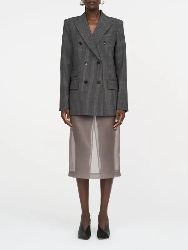 Double Breasted Billiet Blazer in Charcoal Pinstripe sold by MARIA McMANUS