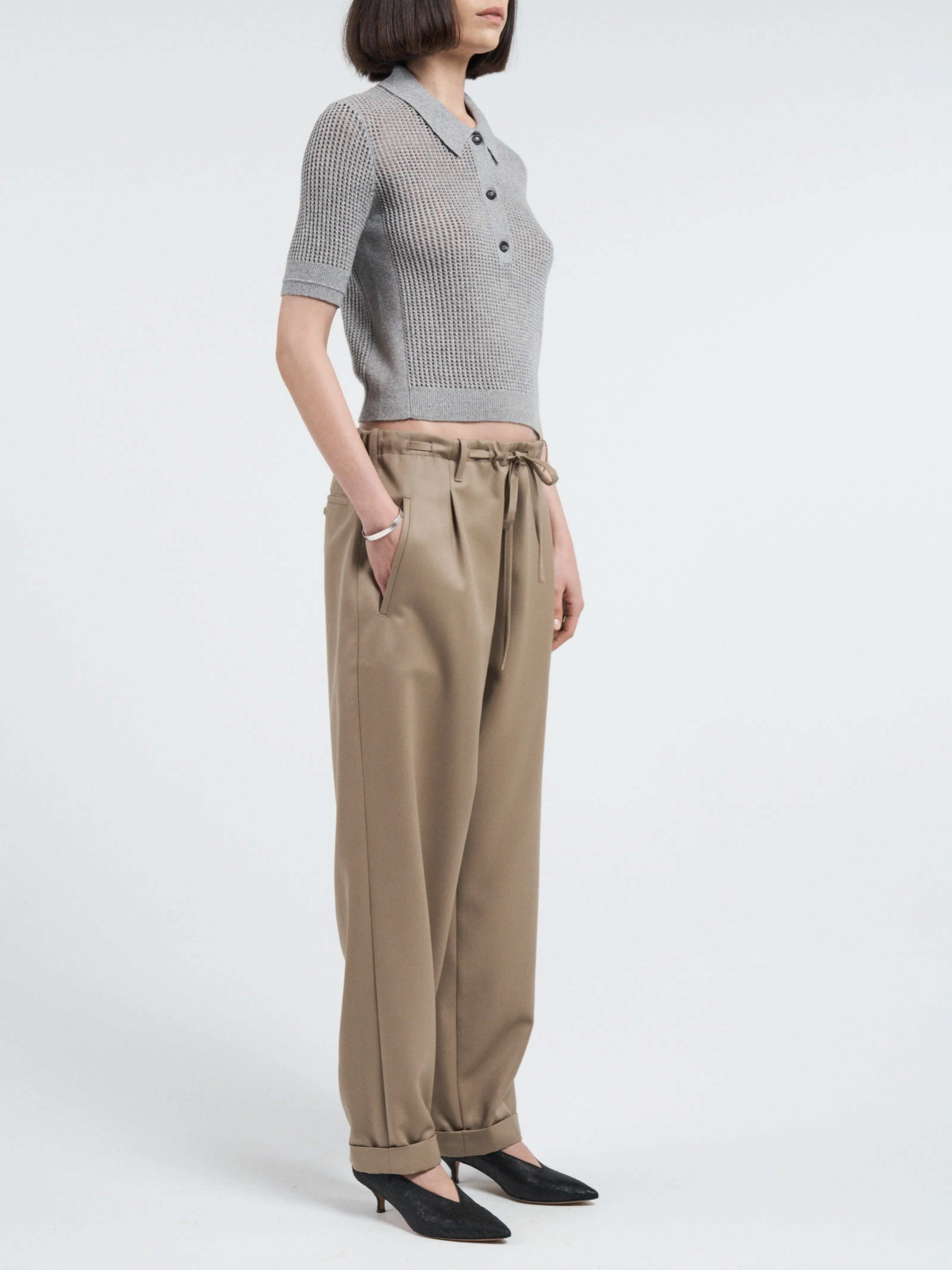 Pearl Button Drawstring Trouser in Khaki sold by MARIA McMANUS