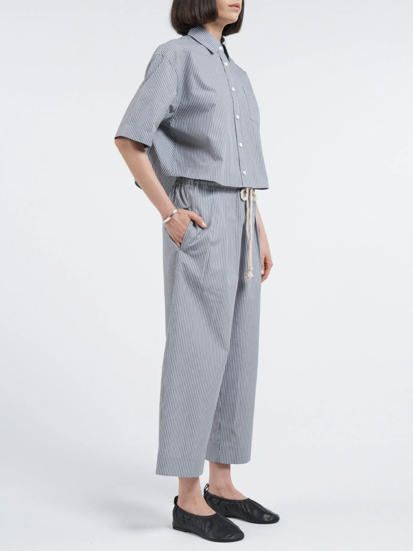 Crop Oversized Short Sleeve Shirt in Grey Railroad Stripe sold by MARIA McMANUS product image thumbnail 2