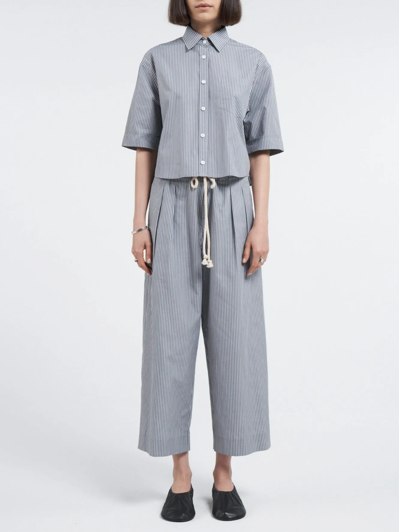 Crop Oversized Short Sleeve Shirt in Grey Railroad Stripe sold by MARIA McMANUS