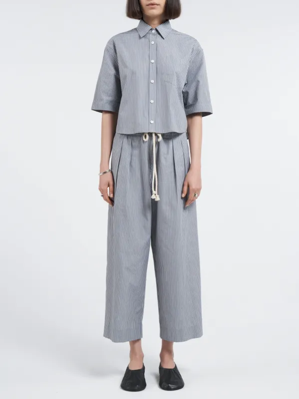 Drawstring Pleat Front Pant in Grey Railroad Stripe sold by MARIA McMANUS