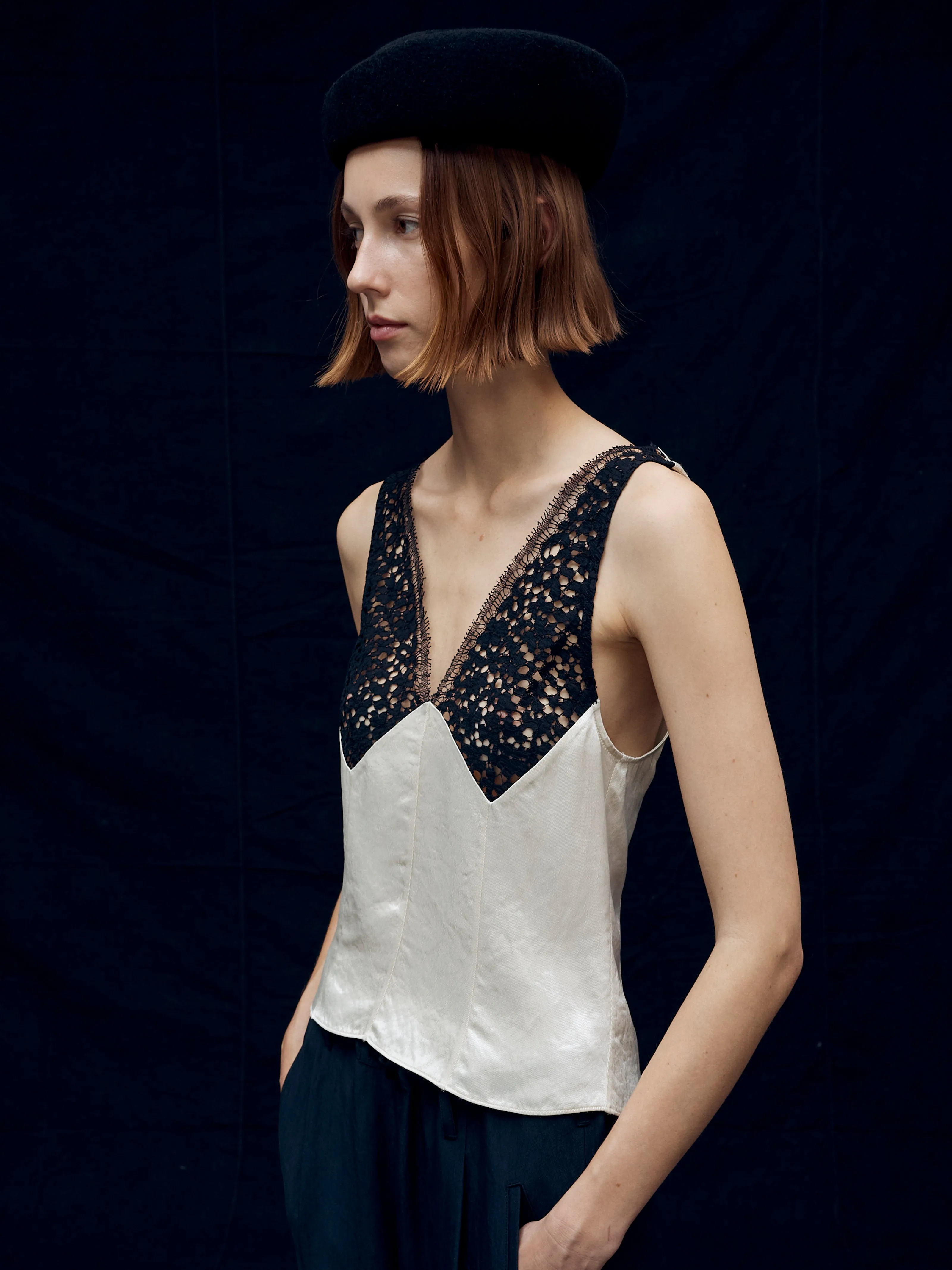 V-Neck Lace Detail Top in Ivory sold by MARIA McMANUS