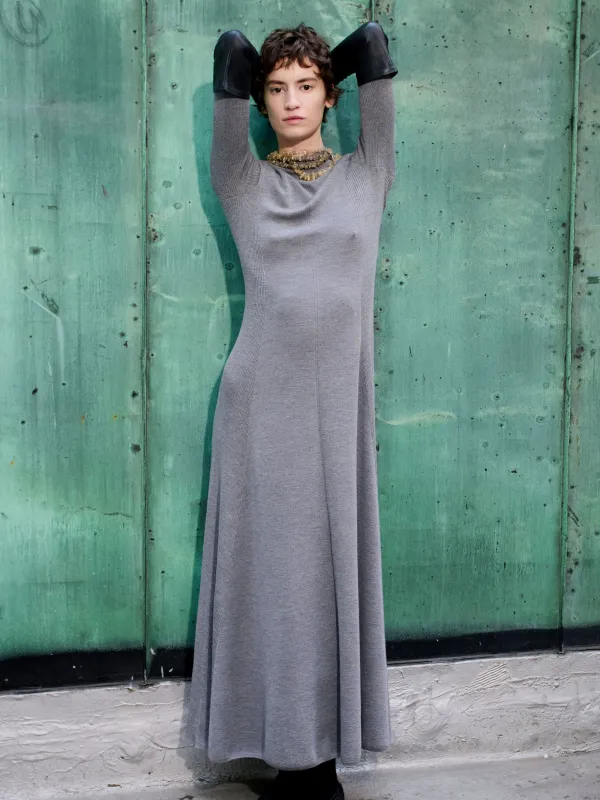 Rib Godet Dress in Heather Grey sold by MARIA McMANUS
