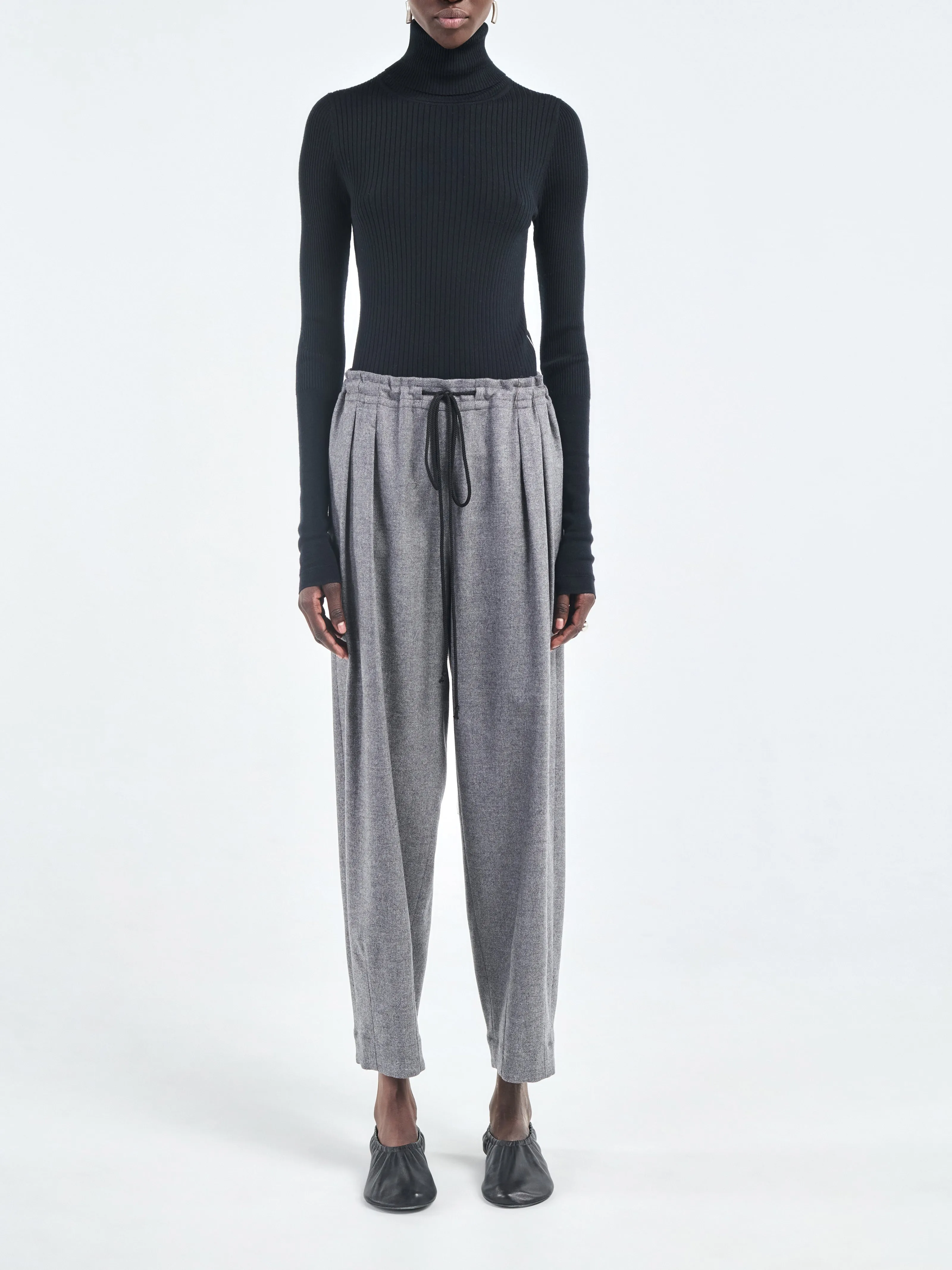 Barrel Leg Drawstring Trouser in Charcoal Tweed sold by MARIA McMANUS