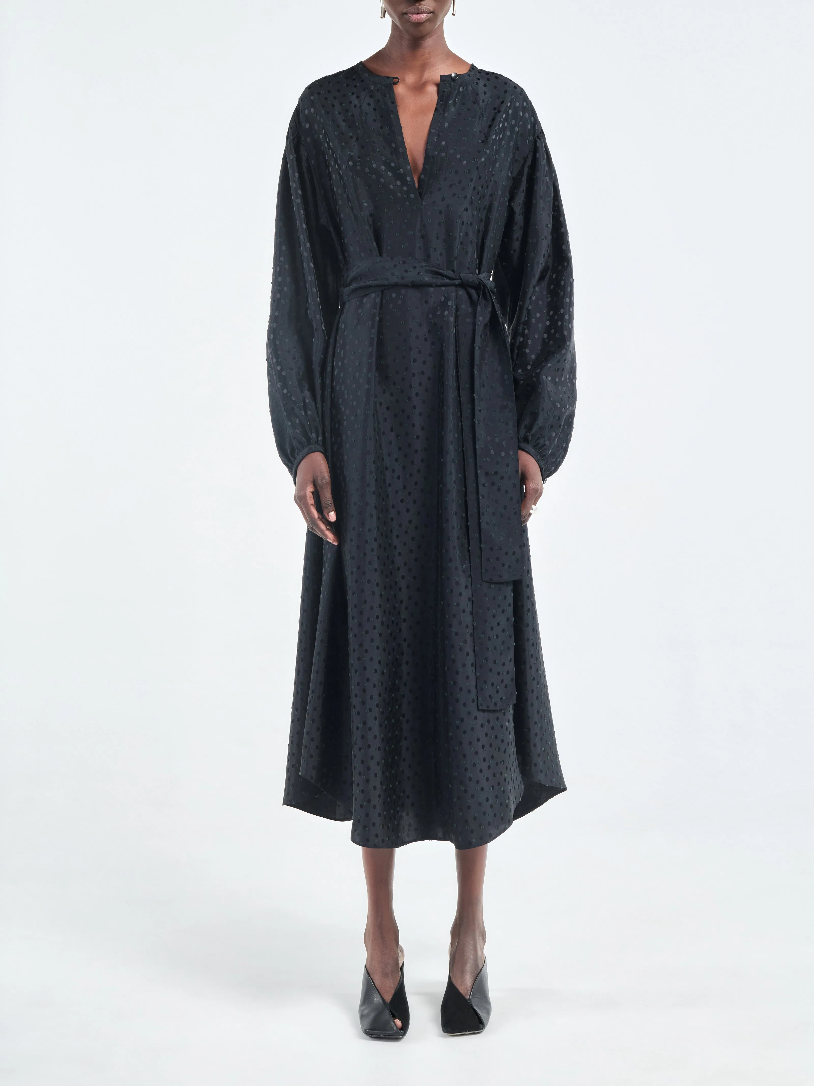 Belted Boho Dress in Black Dot Jacquard sold by MARIA McMANUS