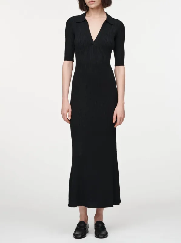 Collar V-Neck Dress in Black with a Ivory Link Line made by MARIA McMANUS