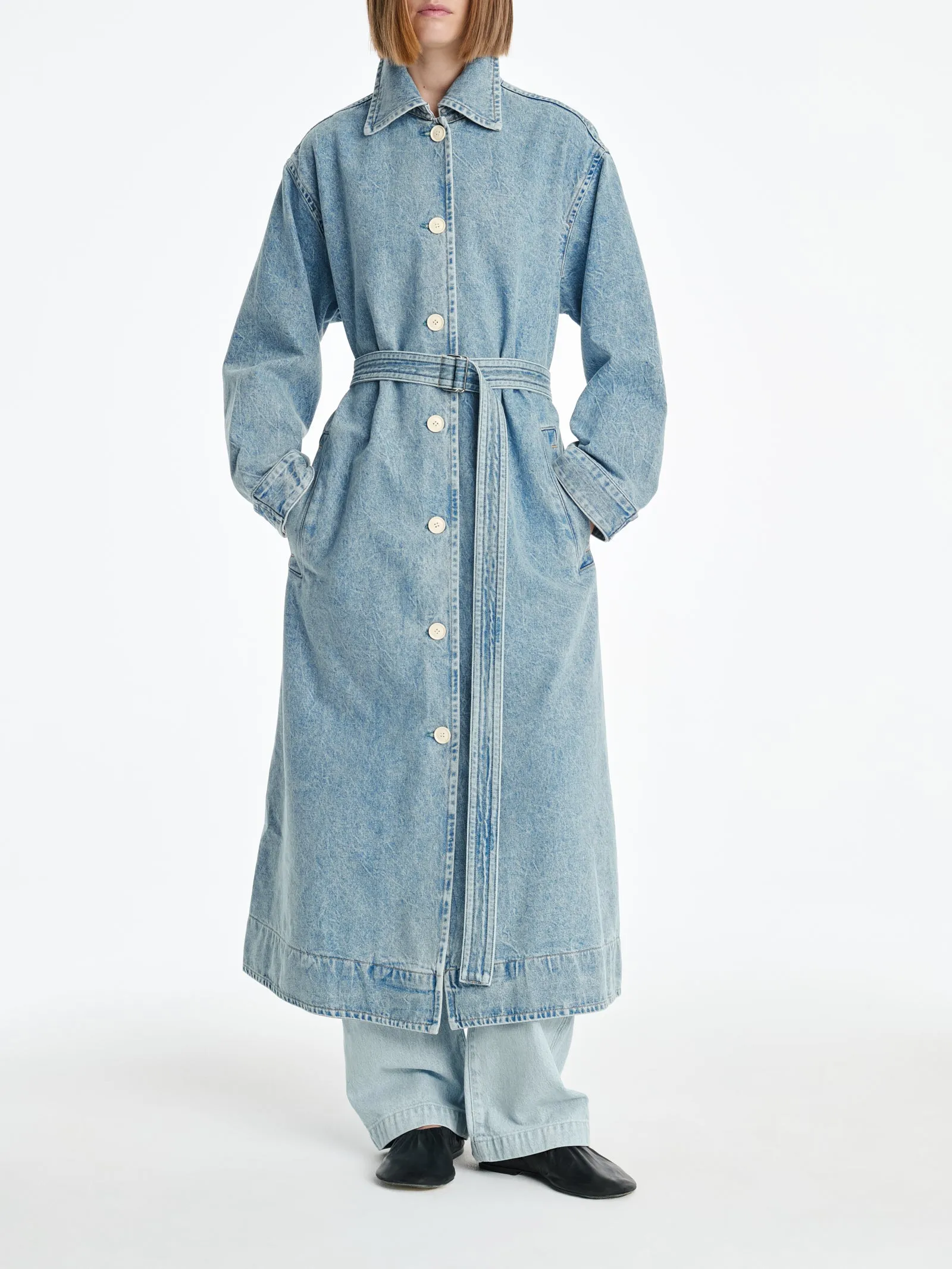 AGOLDE x MARIA MCMANUS A-Line Massive Coat in Crinkle Indigo sold by MARIA McMANUS