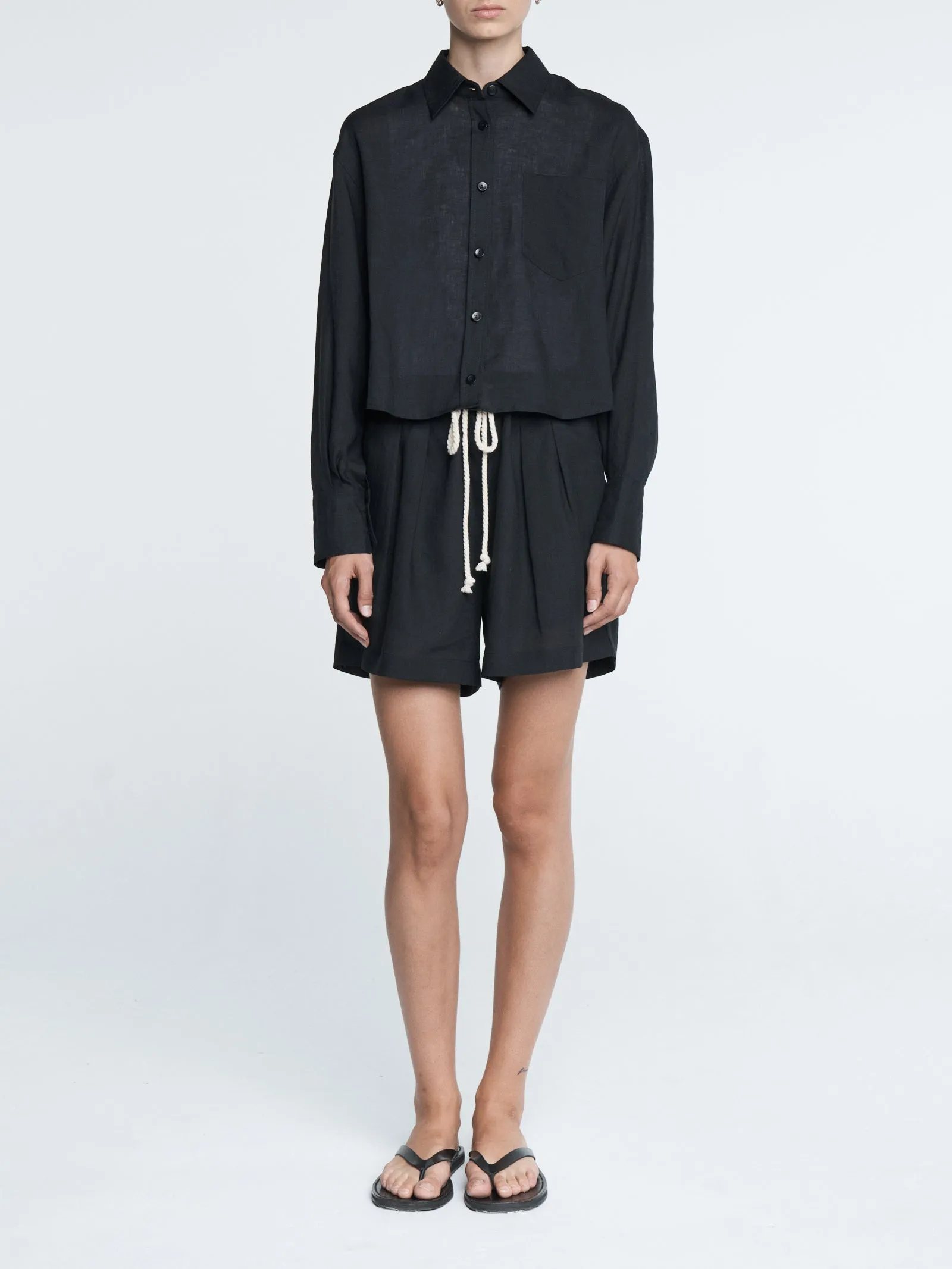 Drawstring Pleat Front Short in Black sold by MARIA McMANUS