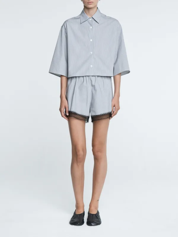 Cropped Short Sleeve Shirt in Pinstripe Black/
White made by MARIA McMANUS