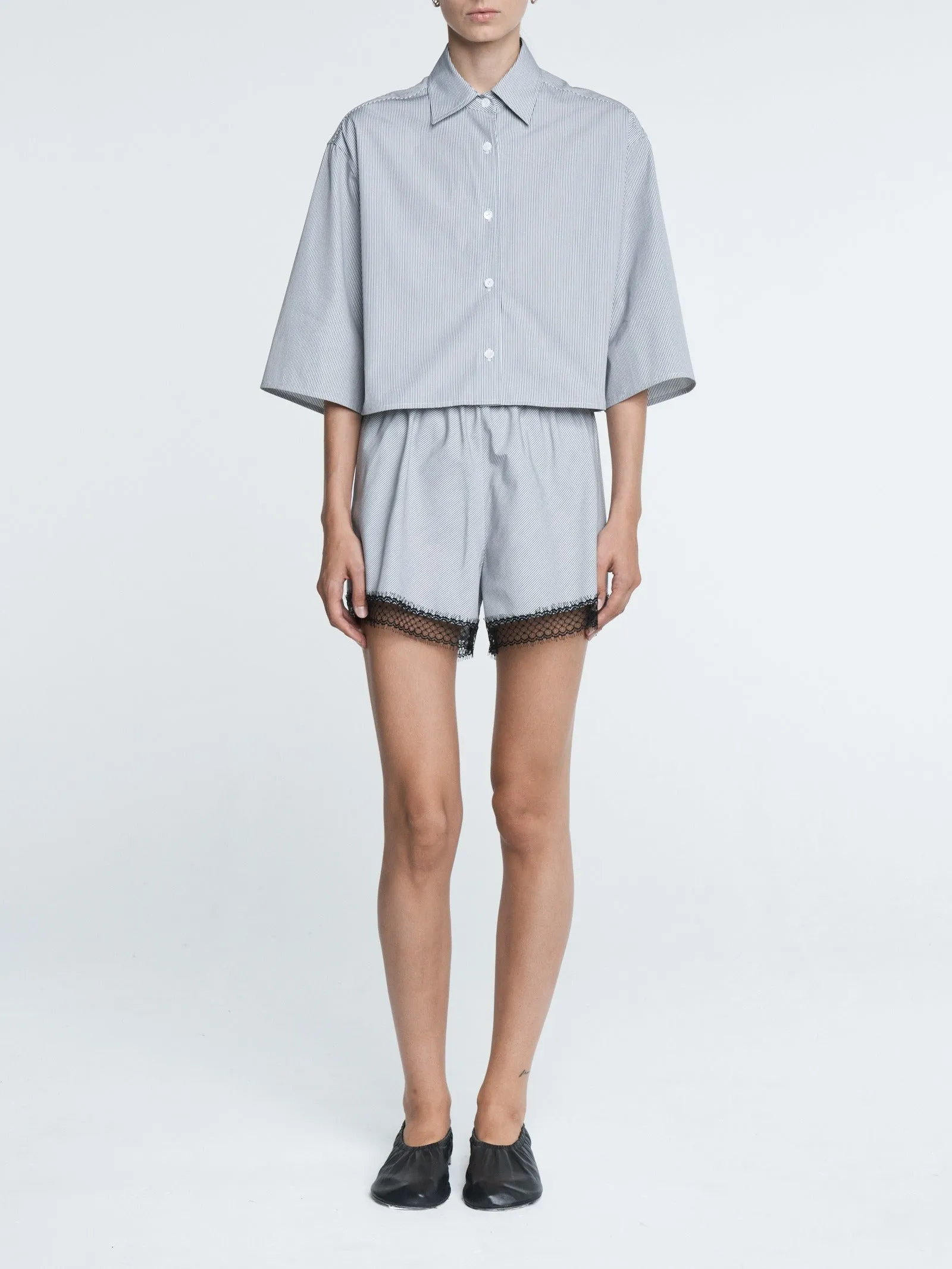 Cropped Short Sleeve Shirt in Pinstripe Black/
White sold by MARIA McMANUS