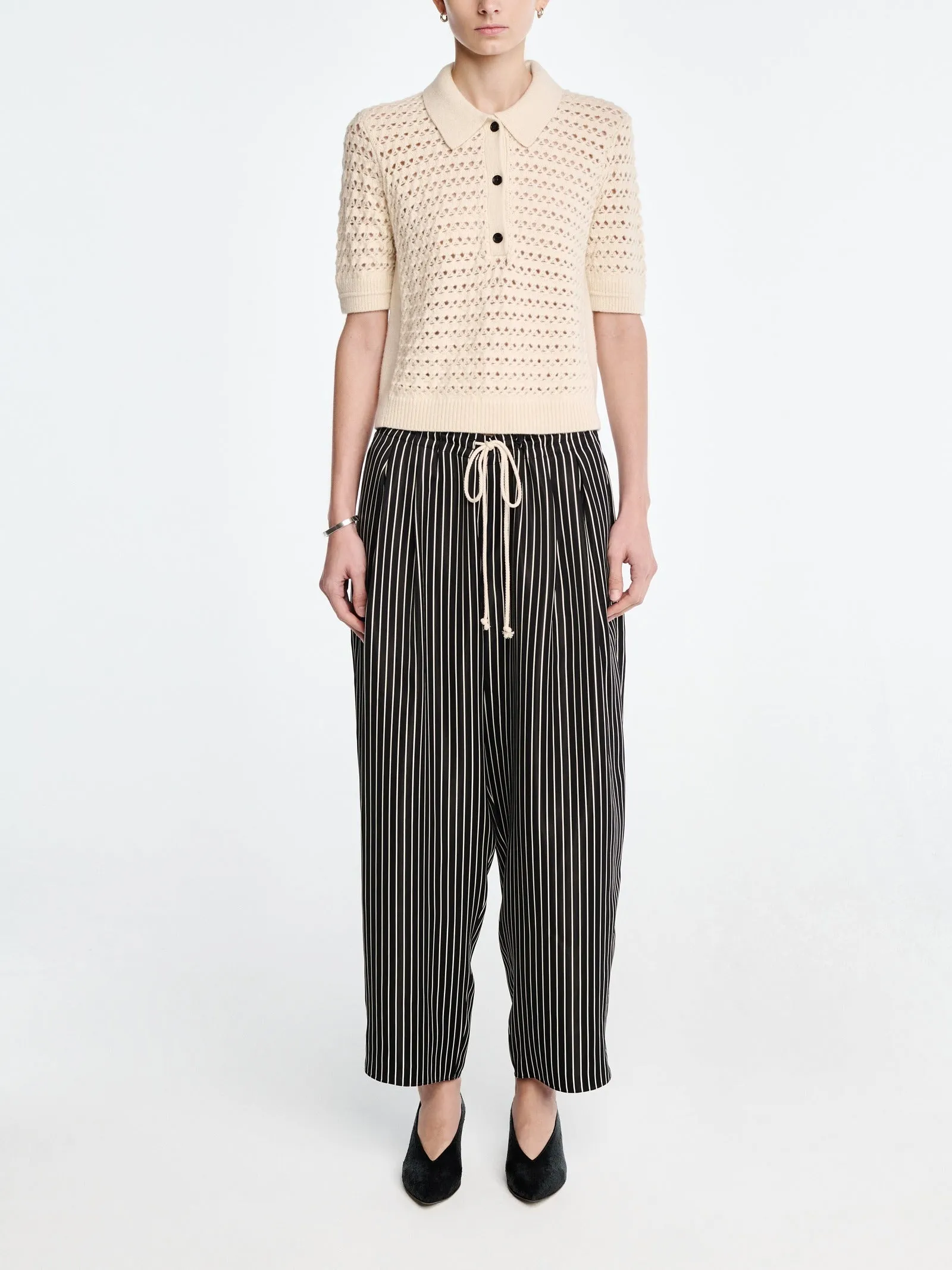 Balloon Drawstring Trouser in Black Stripe sold by MARIA McMANUS
