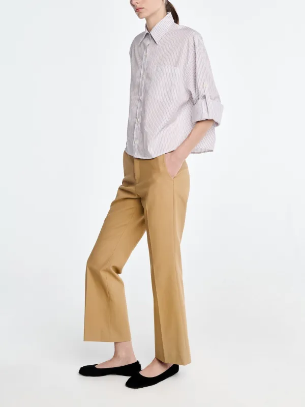 Button Sleeve Crop Shirt in White / Blue / Brown Stripe made by MARIA McMANUS