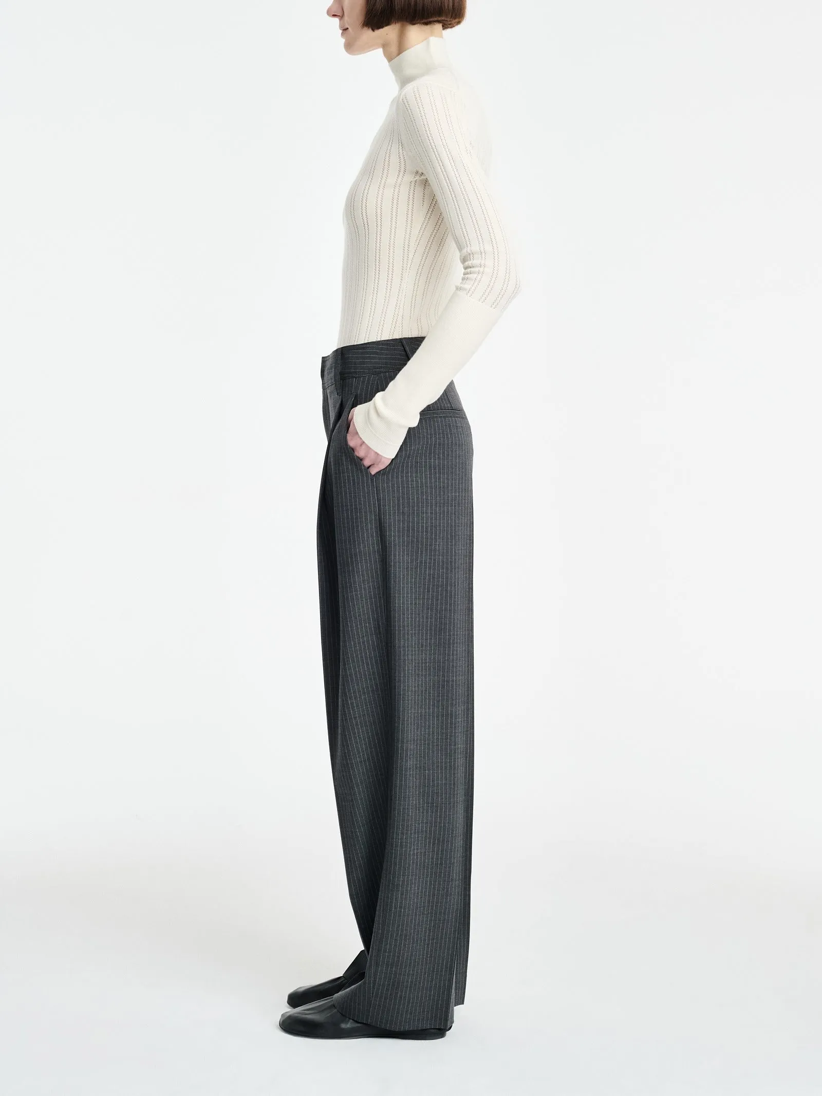 Single Pleat Front Trouser in Charcoal Stripe sold by MARIA McMANUS