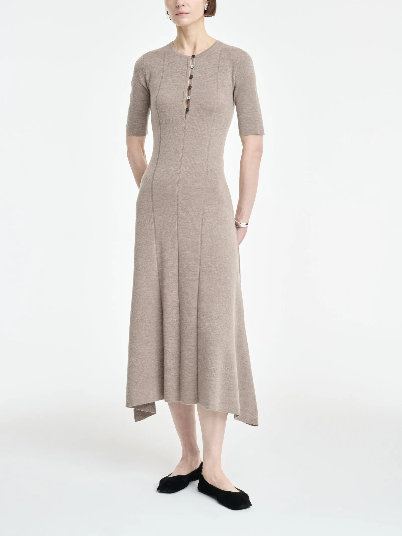 Shell Button Godet Dress in Heather Pebble sold by MARIA McMANUS