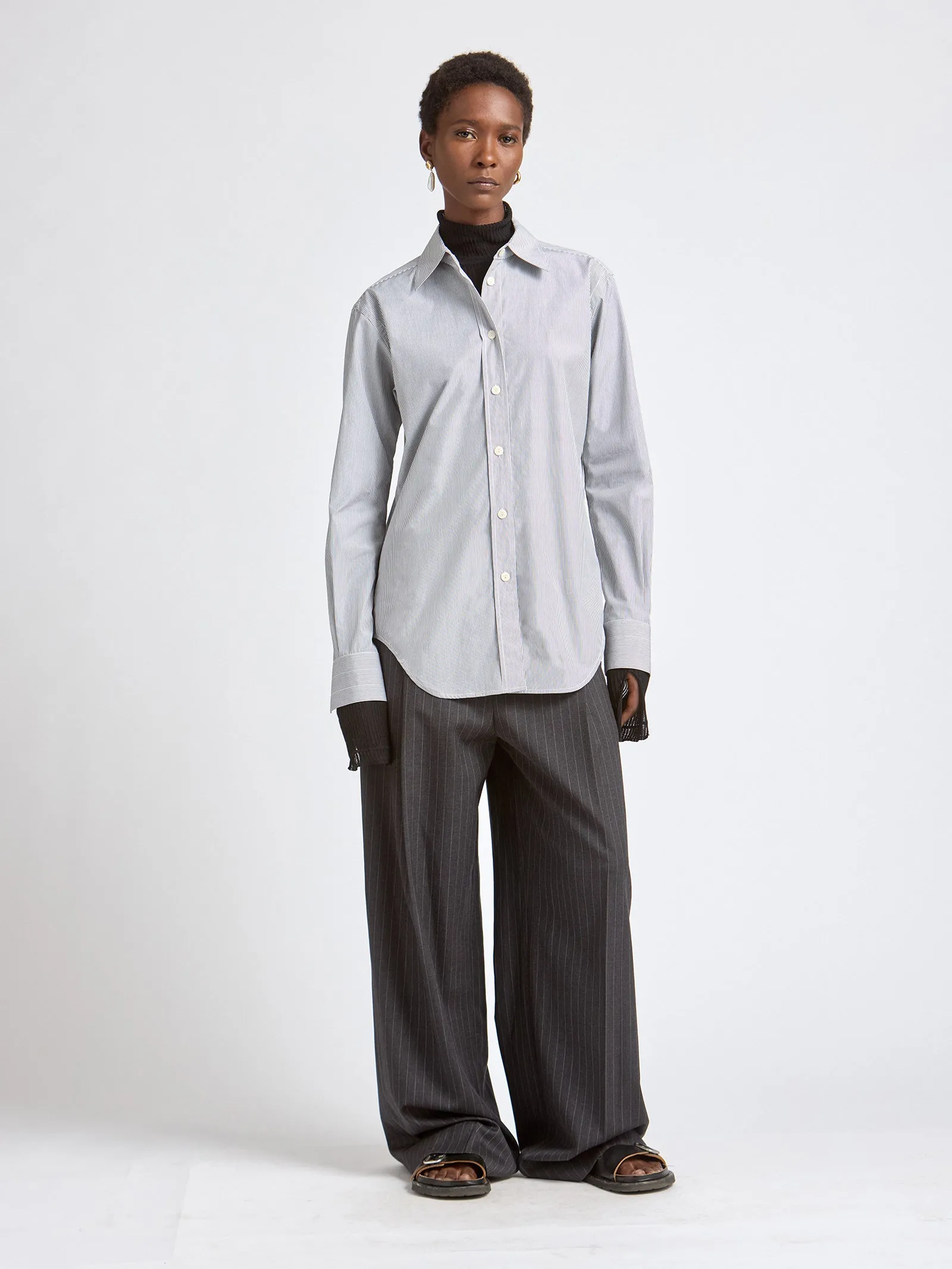 Slim Tunic Shirt in Black & White Ticking Stripe sold by MARIA McMANUS