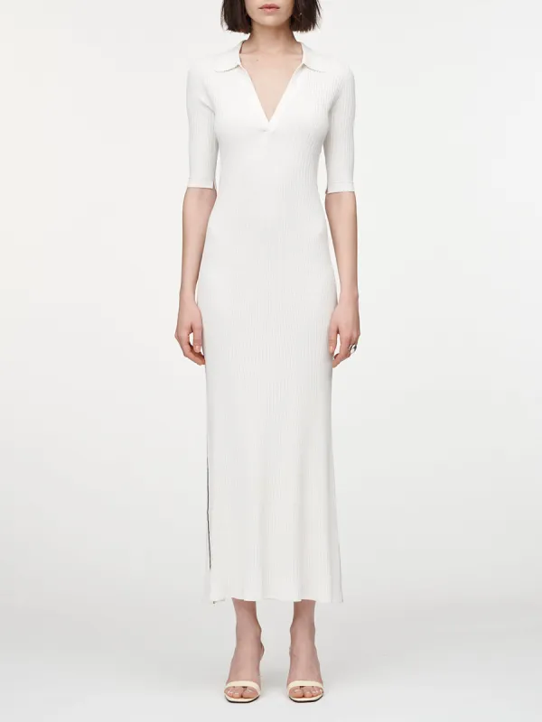 Collar V-Neck Dress in Ivory with a Black Link Line made by MARIA McMANUS