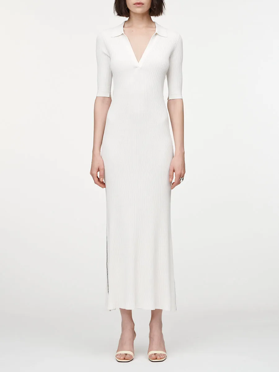 Collar V-Neck Dress in Ivory with a Black Link Line sold by MARIA McMANUS