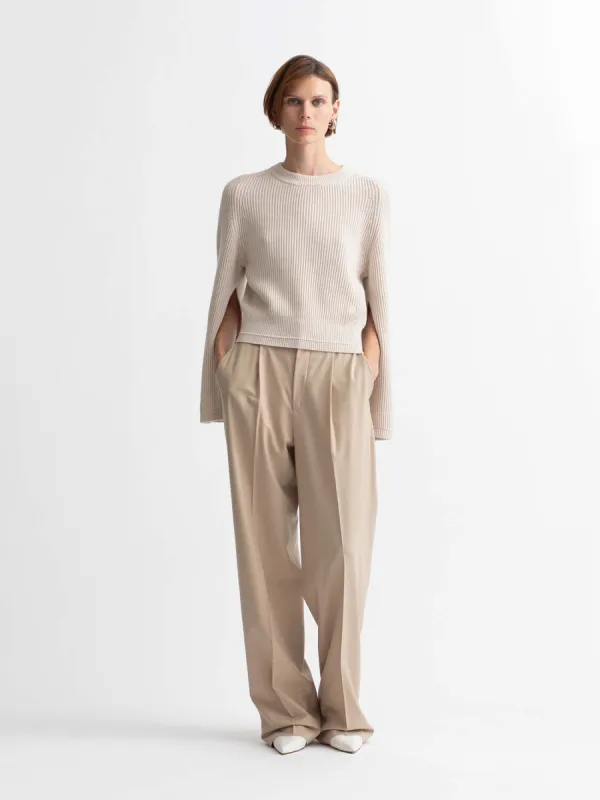 Recycled Cashmere x Organic Cotton Crop Bell Sleeve Crew in Crema sold by MARIA McMANUS