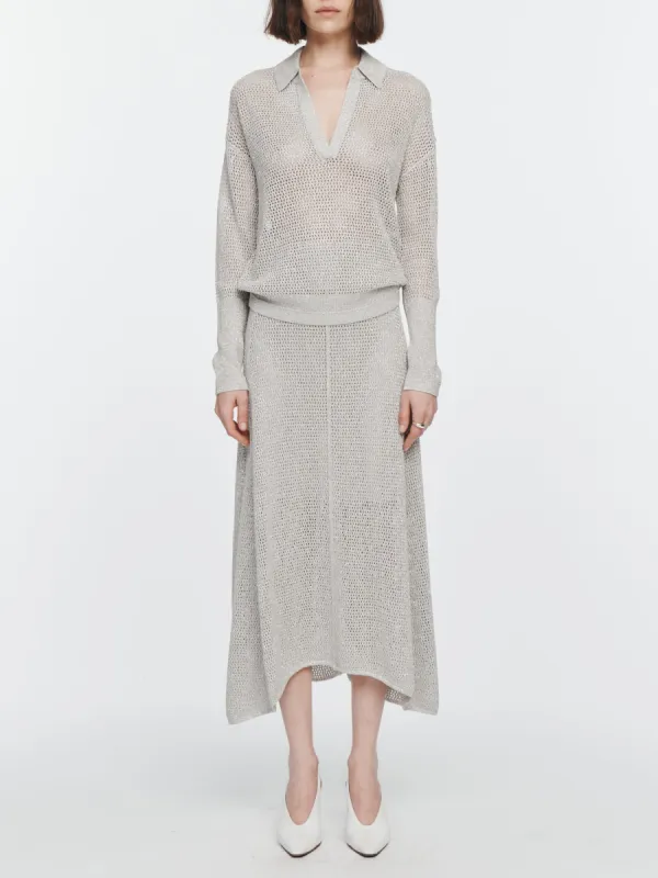 Mesh Midi Flare Skirt in Silver made by MARIA McMANUS