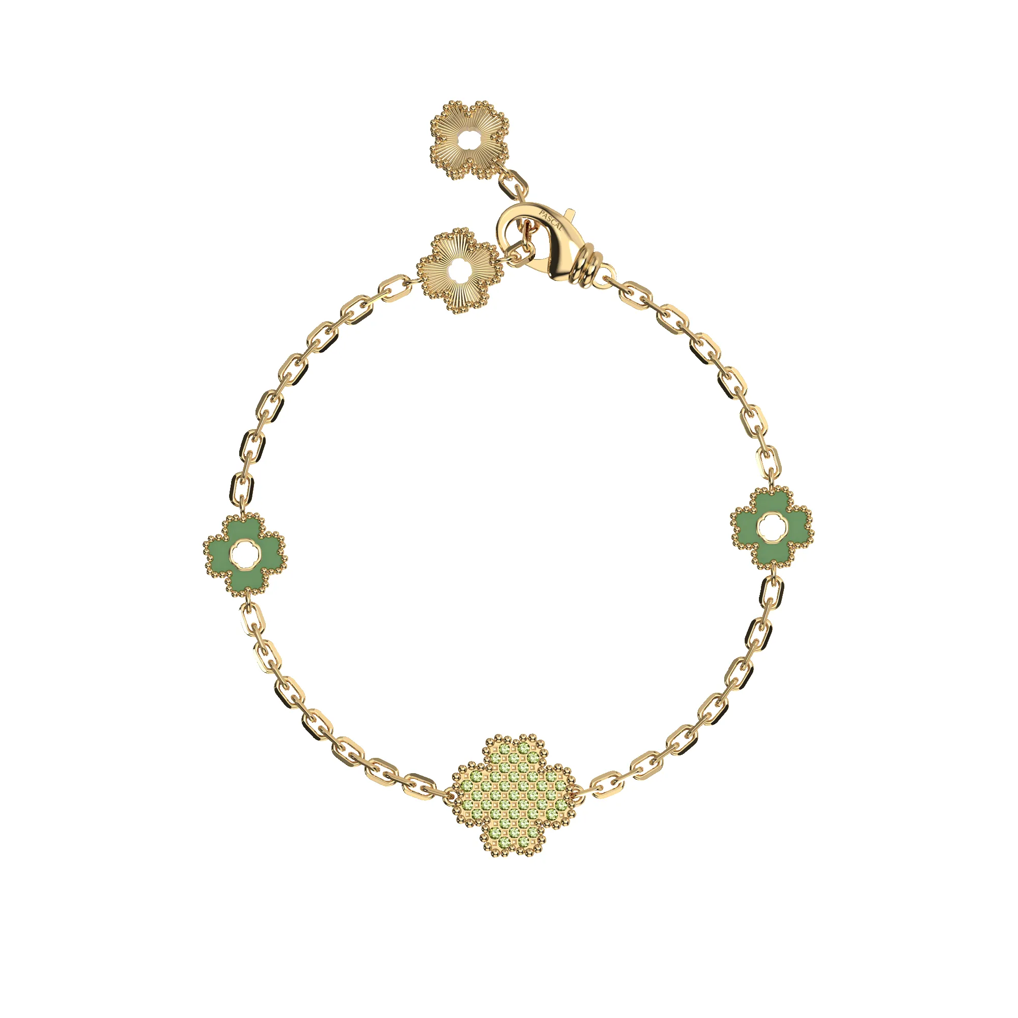 'Lucky Clover' 5 motifs Bracelet, Green Diamond Pyramid Setting sold by Pascal Design Official