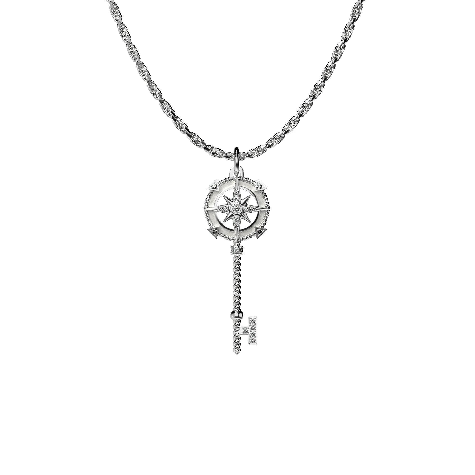Compass Skeleton Key Pendant, White Diamond Pavé sold by Pascal Design Official
