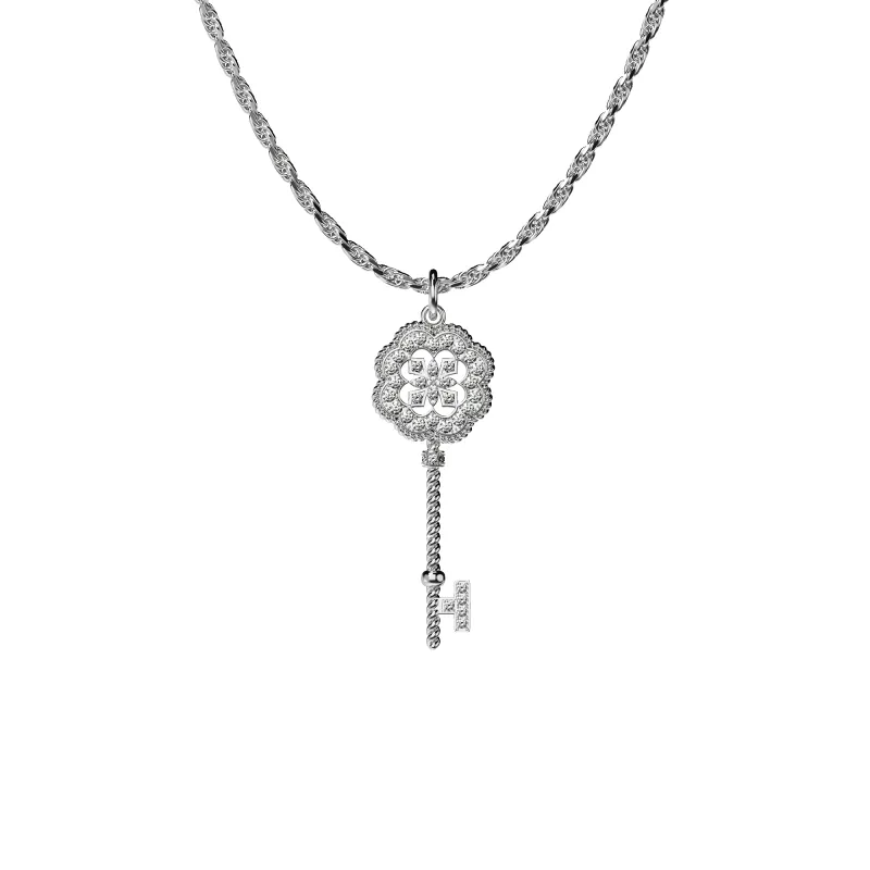 'Lucky Clover' Skeleton Key Pendant, White Diamond Pavé sold by Pascal Design Official