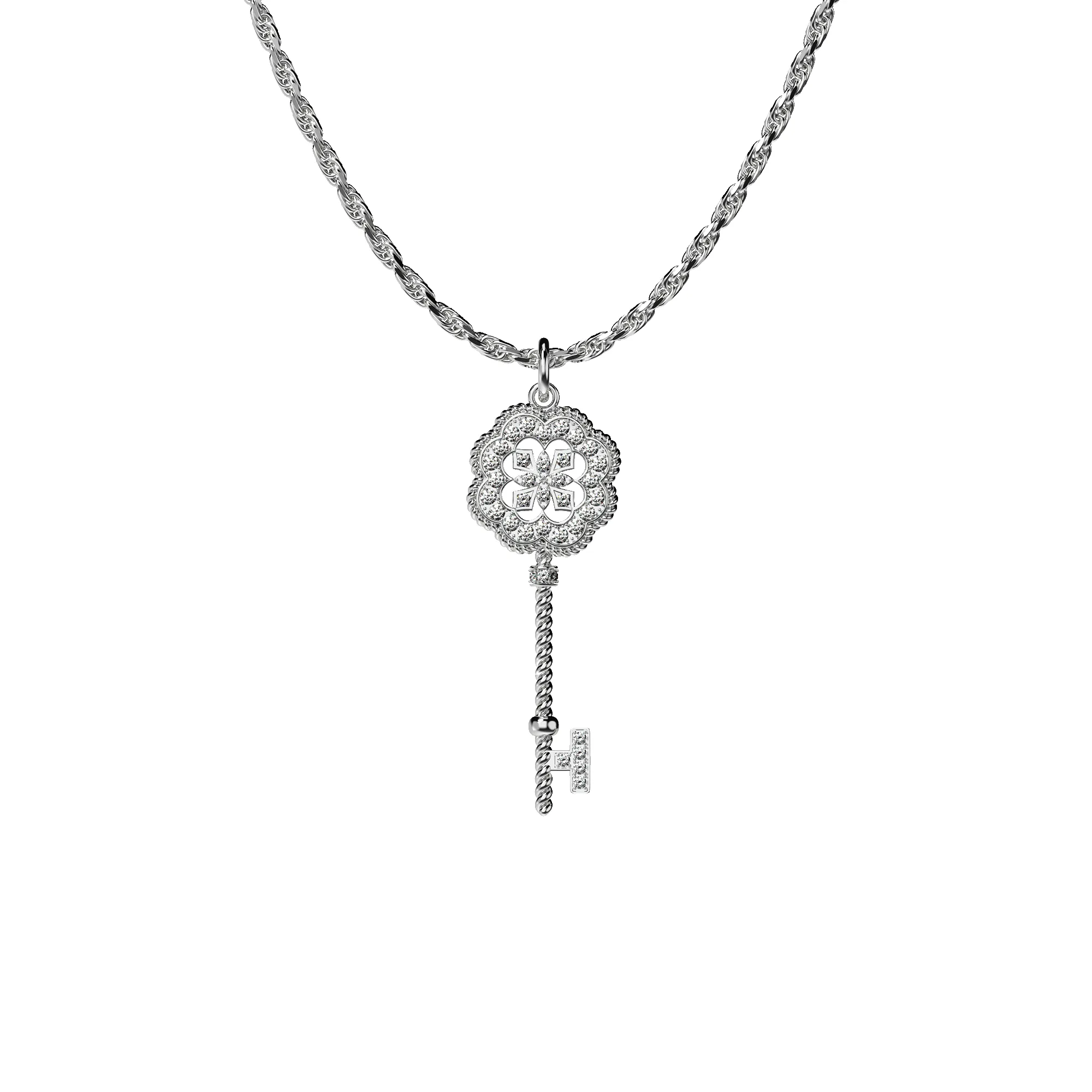 'Lucky Clover' Skeleton Key Pendant, White Diamond Pavé sold by Pascal Design Official