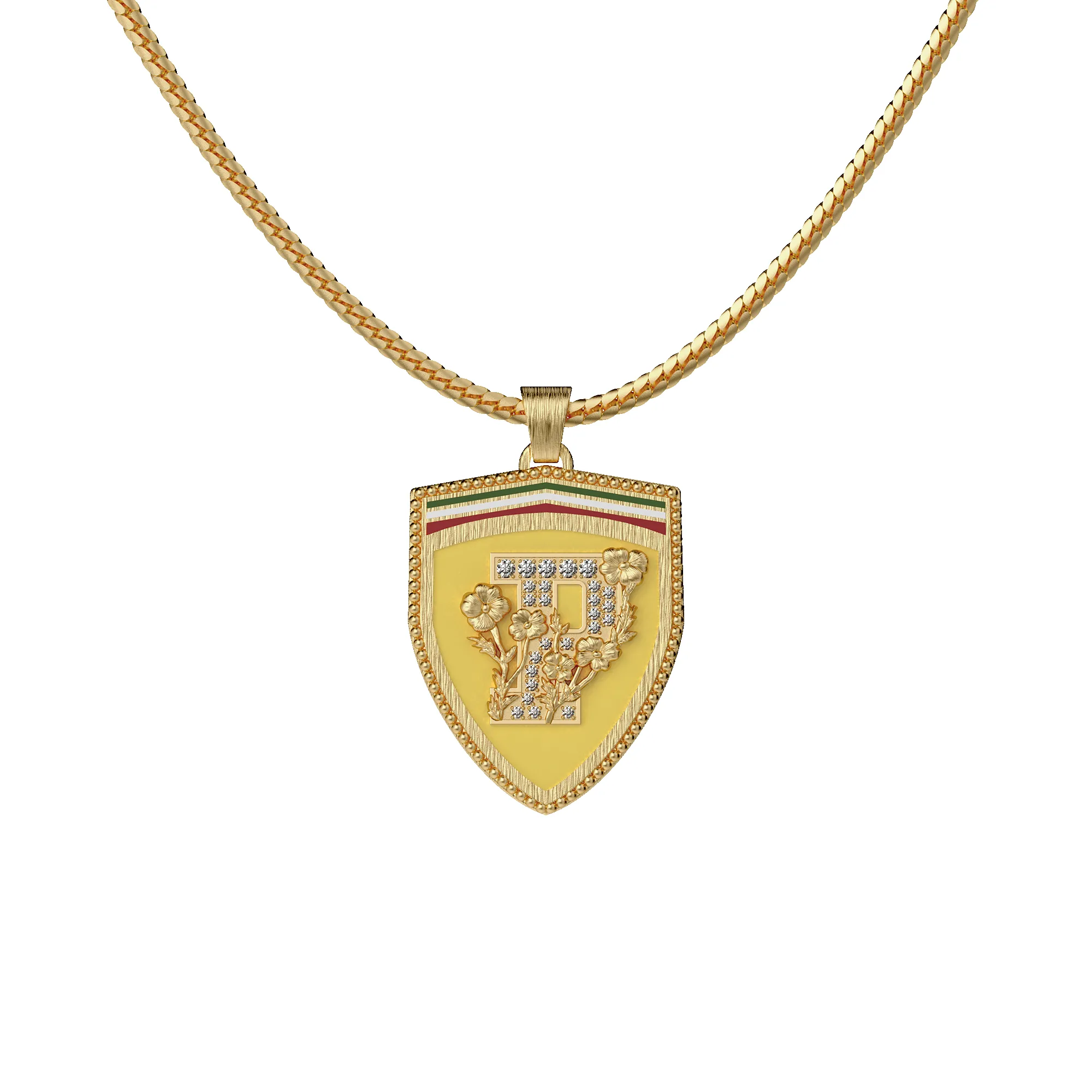 'The Formula Racing' Shield Pendant, White Diamond Pavé sold by Pascal Design Official