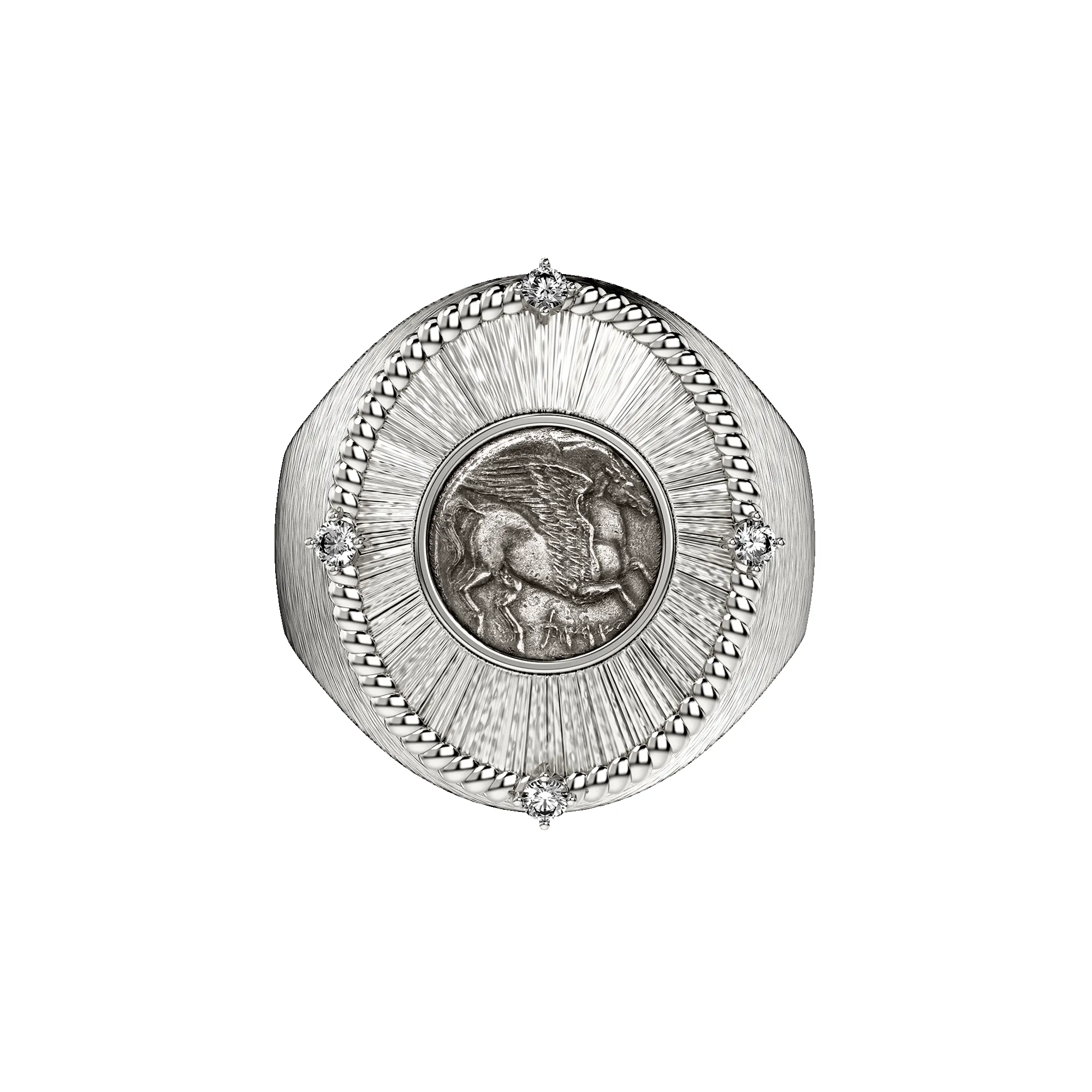 Pegasus Coin Oval Signet Ring, White Diamond sold by Pascal Design Official