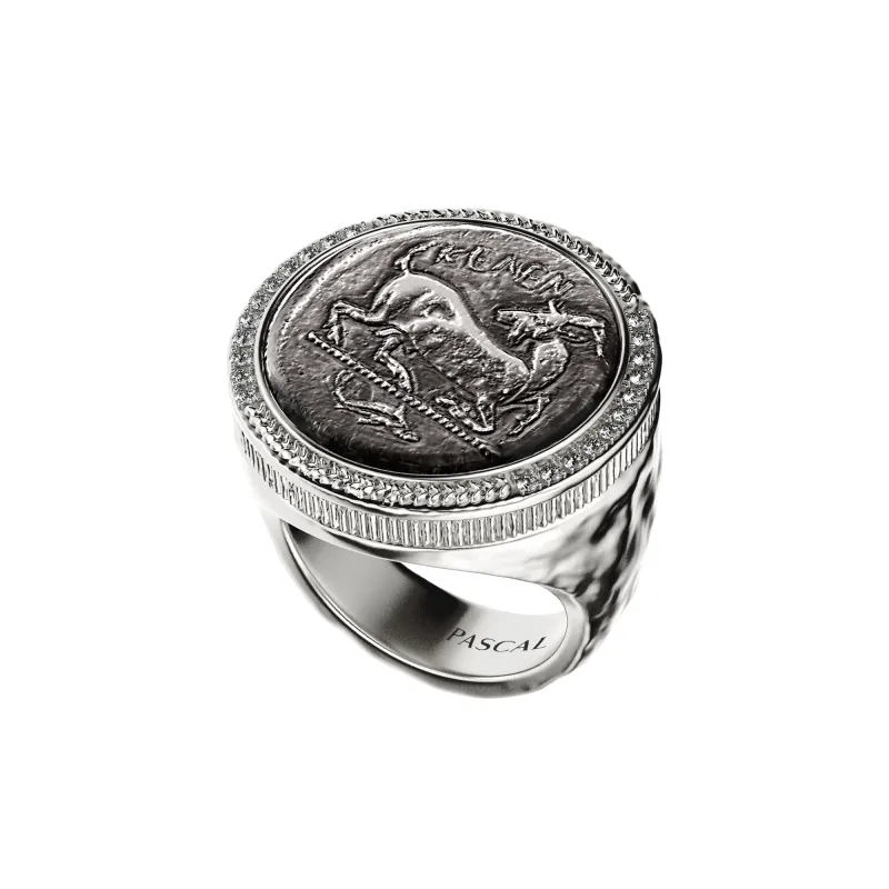 Goat Coin Signet Ring, White Diamond sold by Pascal Design Official