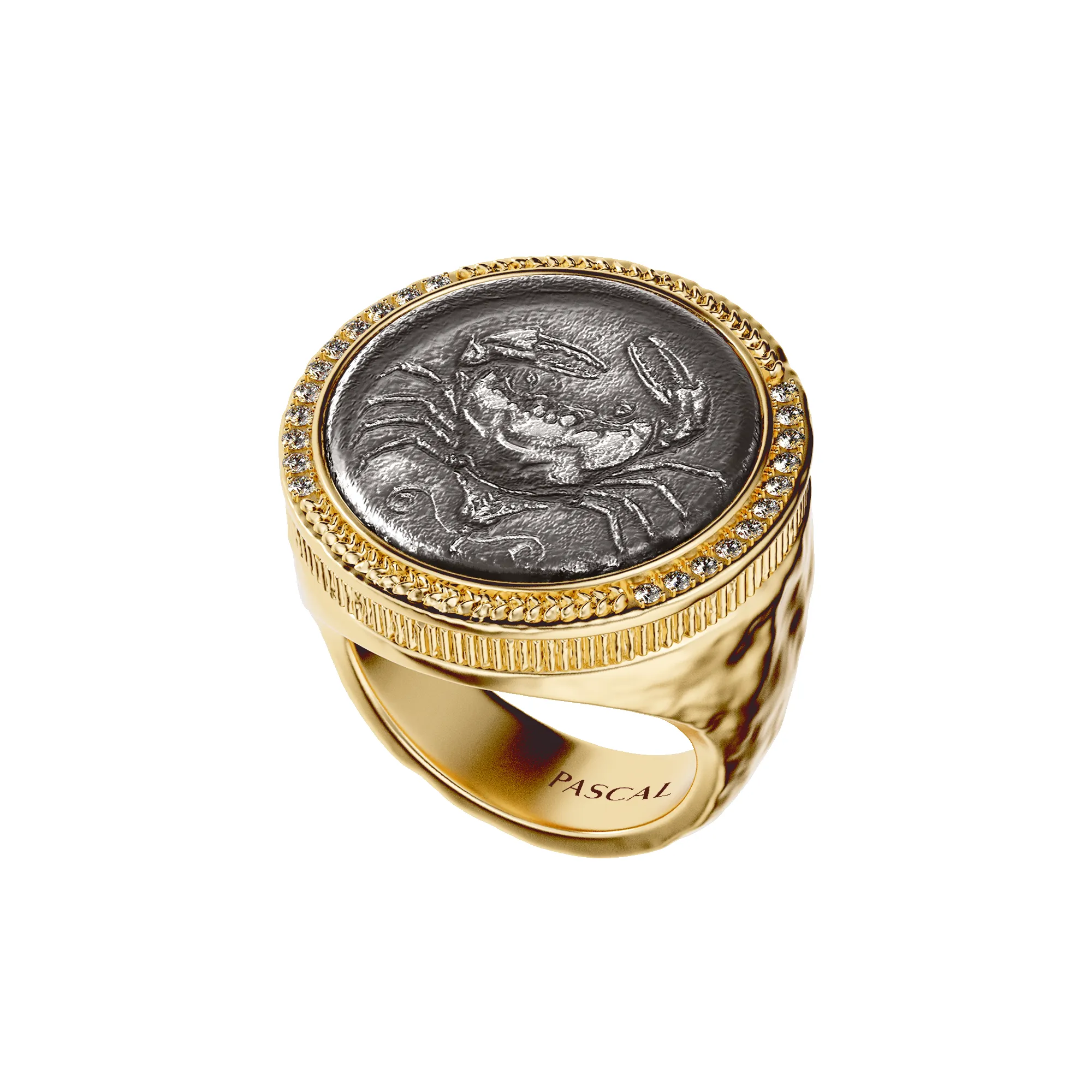 Crab Coin Signet Ring, White Diamond sold by Pascal Design Official