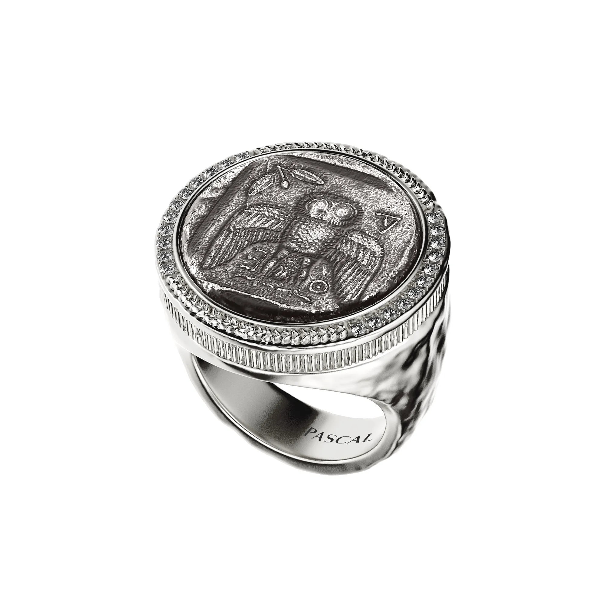 AΘΕ Coin Signet Ring, White Diamond sold by Pascal Design Official