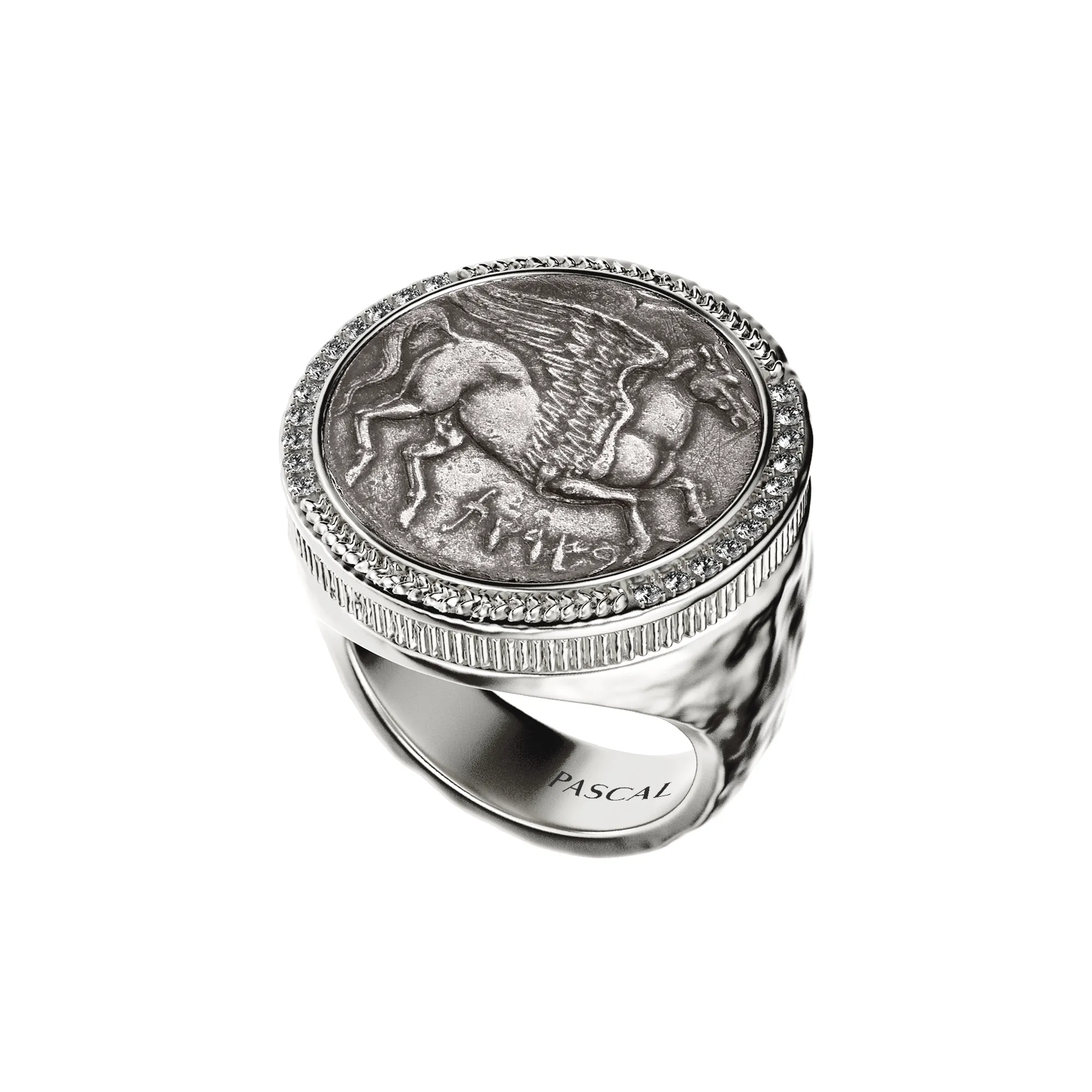 Pegasus Coin Signet Ring, White Diamond sold by Pascal Design Official
