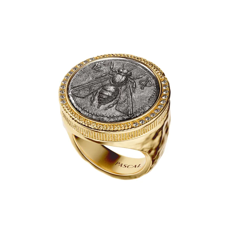 Bee Coin Signet Ring, White Diamond sold by Pascal Design Official