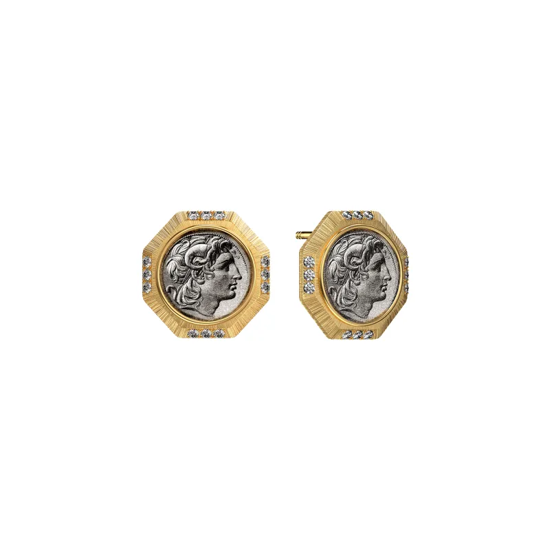 'The Great Civitas' Alexander the Great Coin Earrings, White Diamond sold by Pascal Design Official