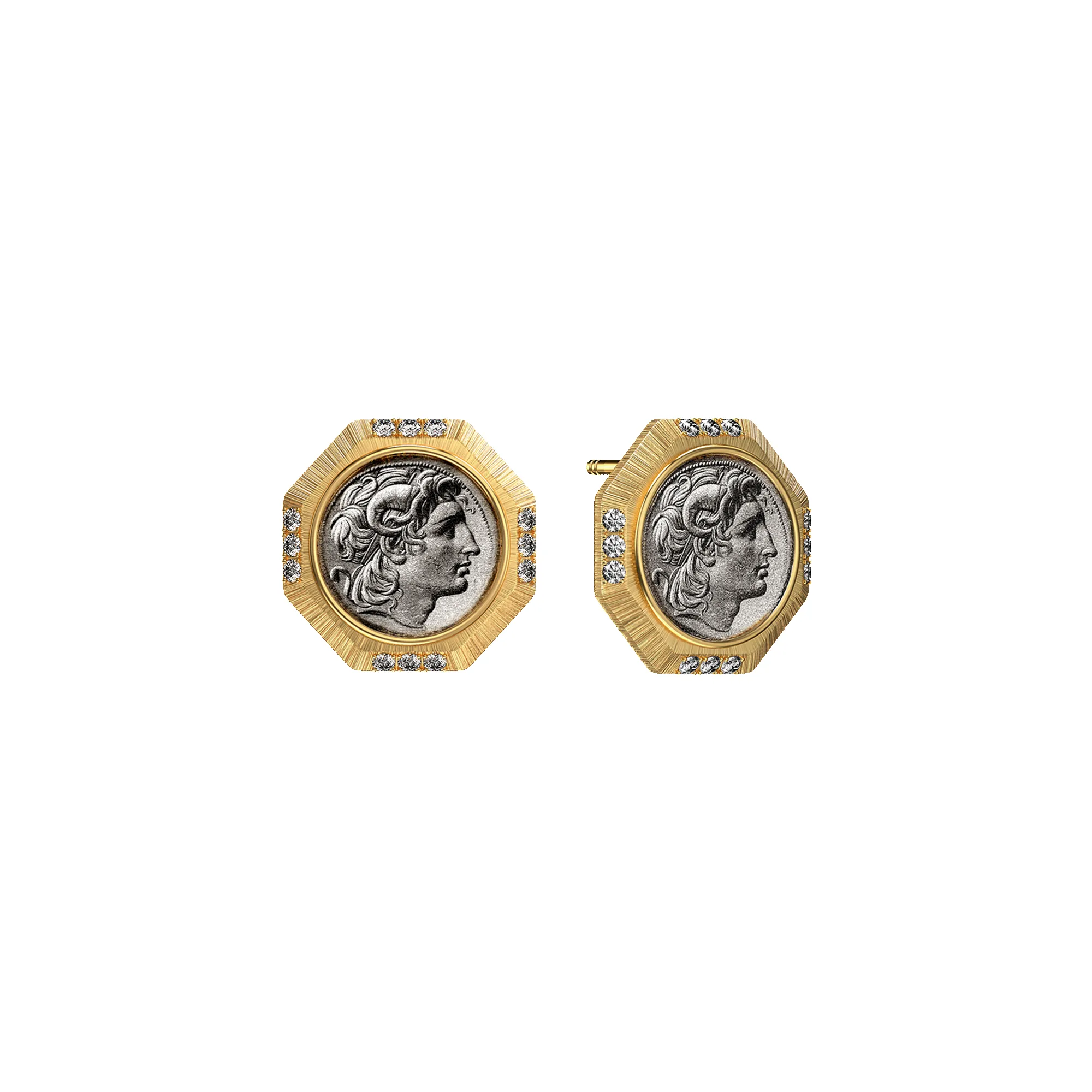 'The Great Civitas' Alexander the Great Coin Earrings, White Diamond sold by Pascal Design Official