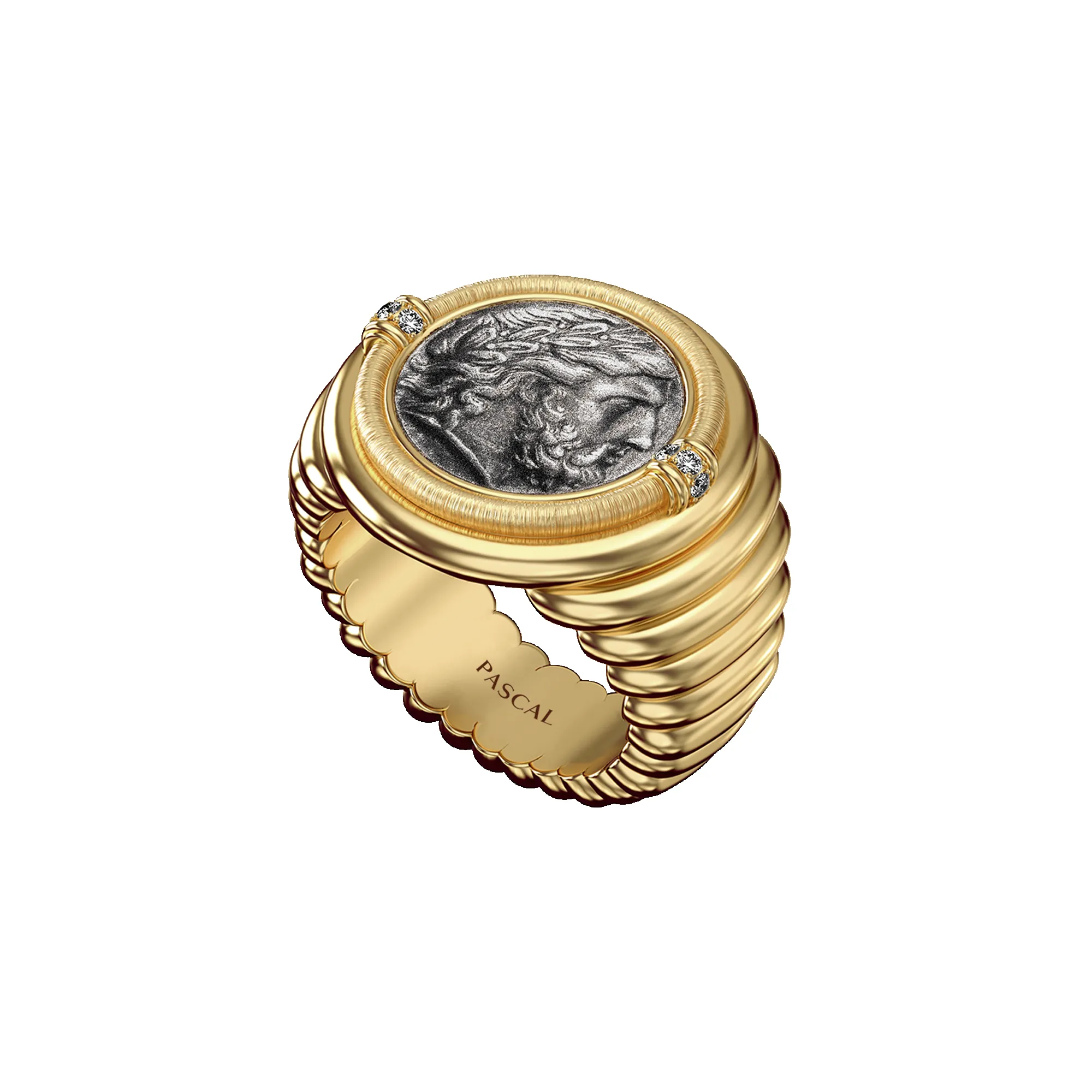 'The Great Civitas' Zeus Coin Signet Ring, White Diamond sold by Pascal Design Official