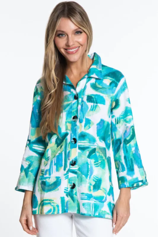 Printed Woven Button Front Tunic- Blue Print sold by Ail Miles Clothing