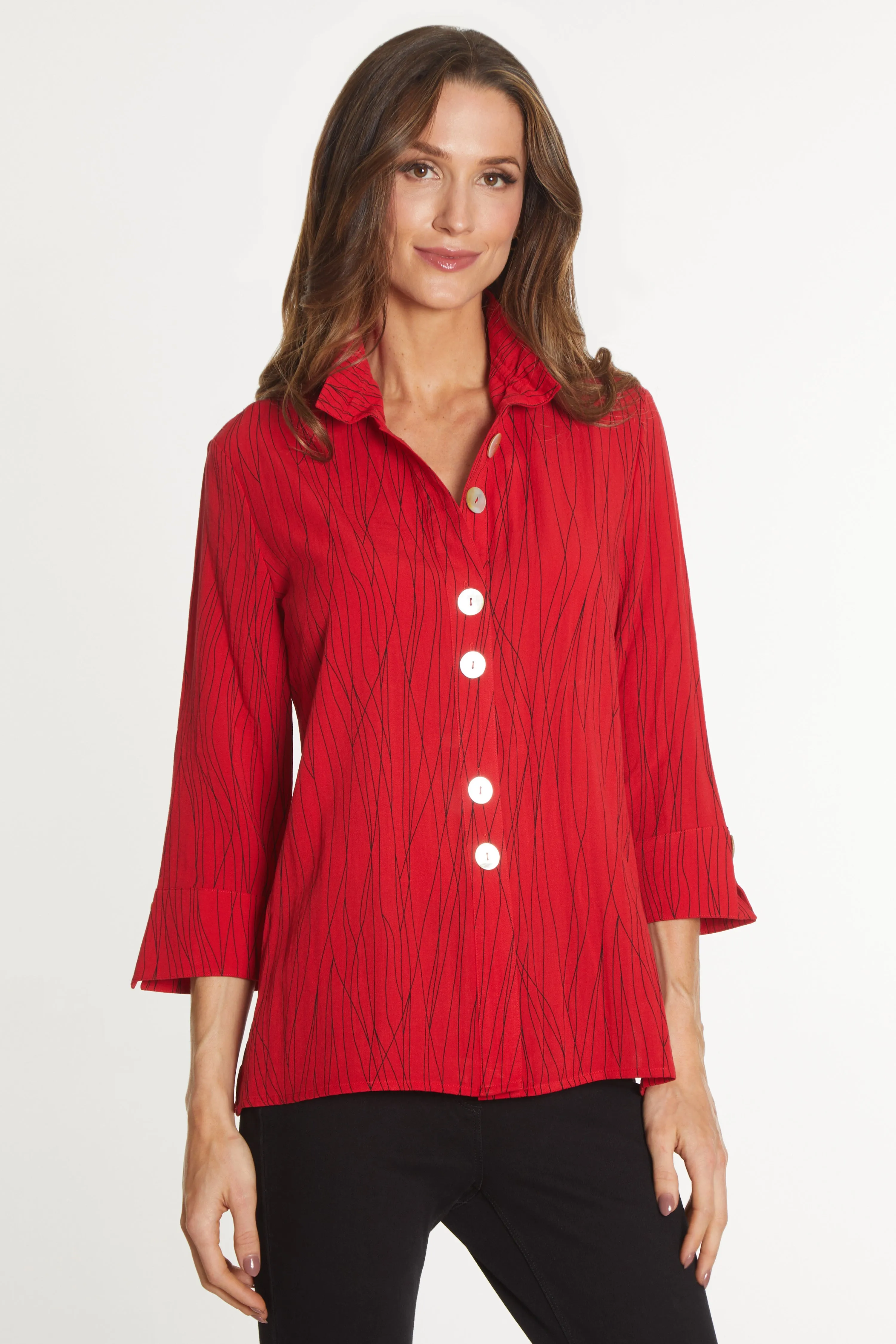 Printed Woven Crinkle Button Front Tunic - Red sold by Ail Miles Clothing