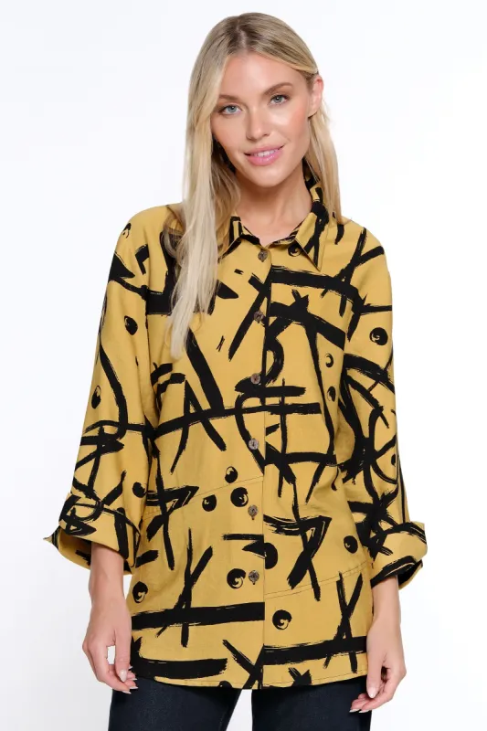 Printed Woven Button Front Blouse - Petite - Gold sold by Ail Miles Clothing