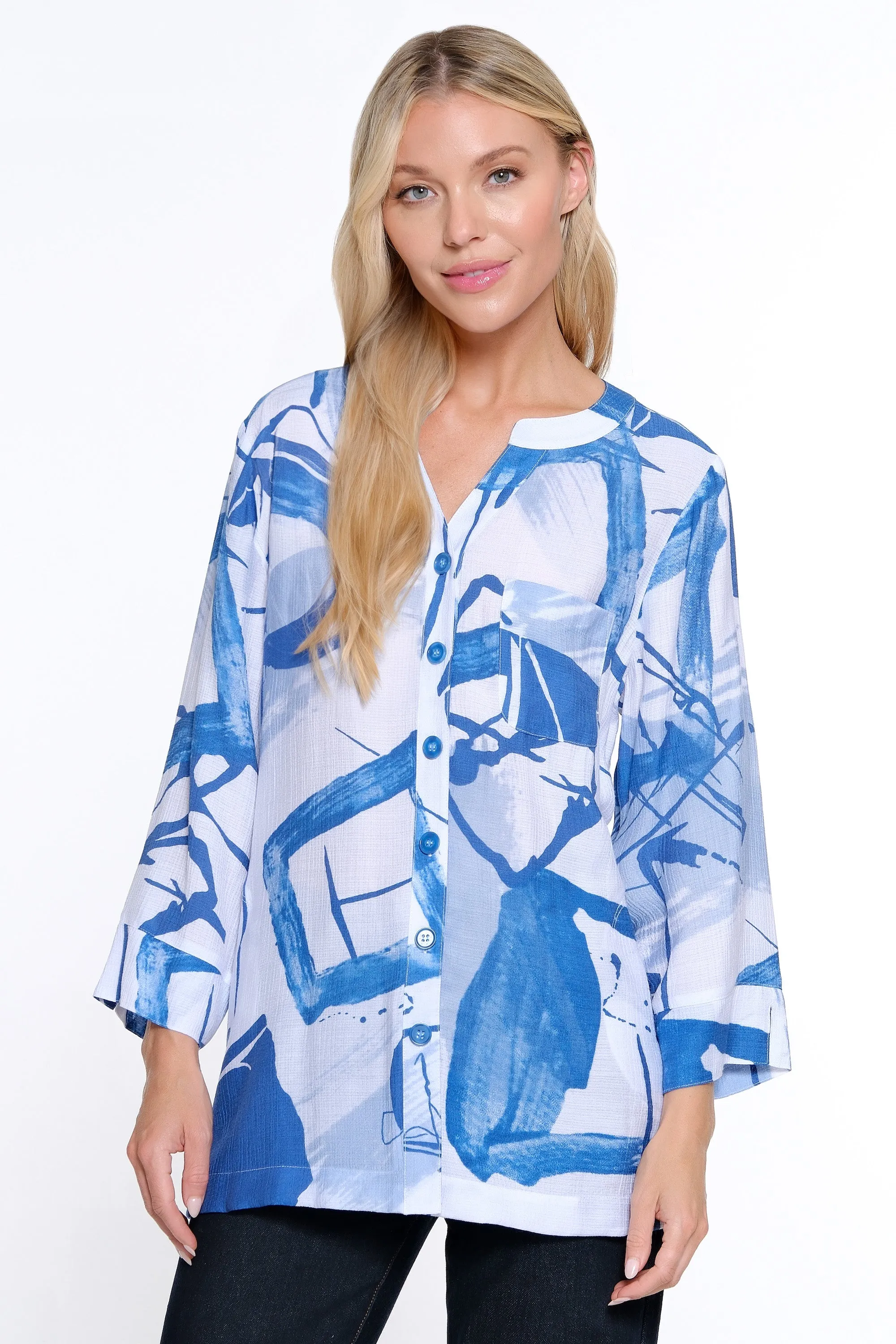 Printed Button Front Tunic - White/Blue sold by Ail Miles Clothing