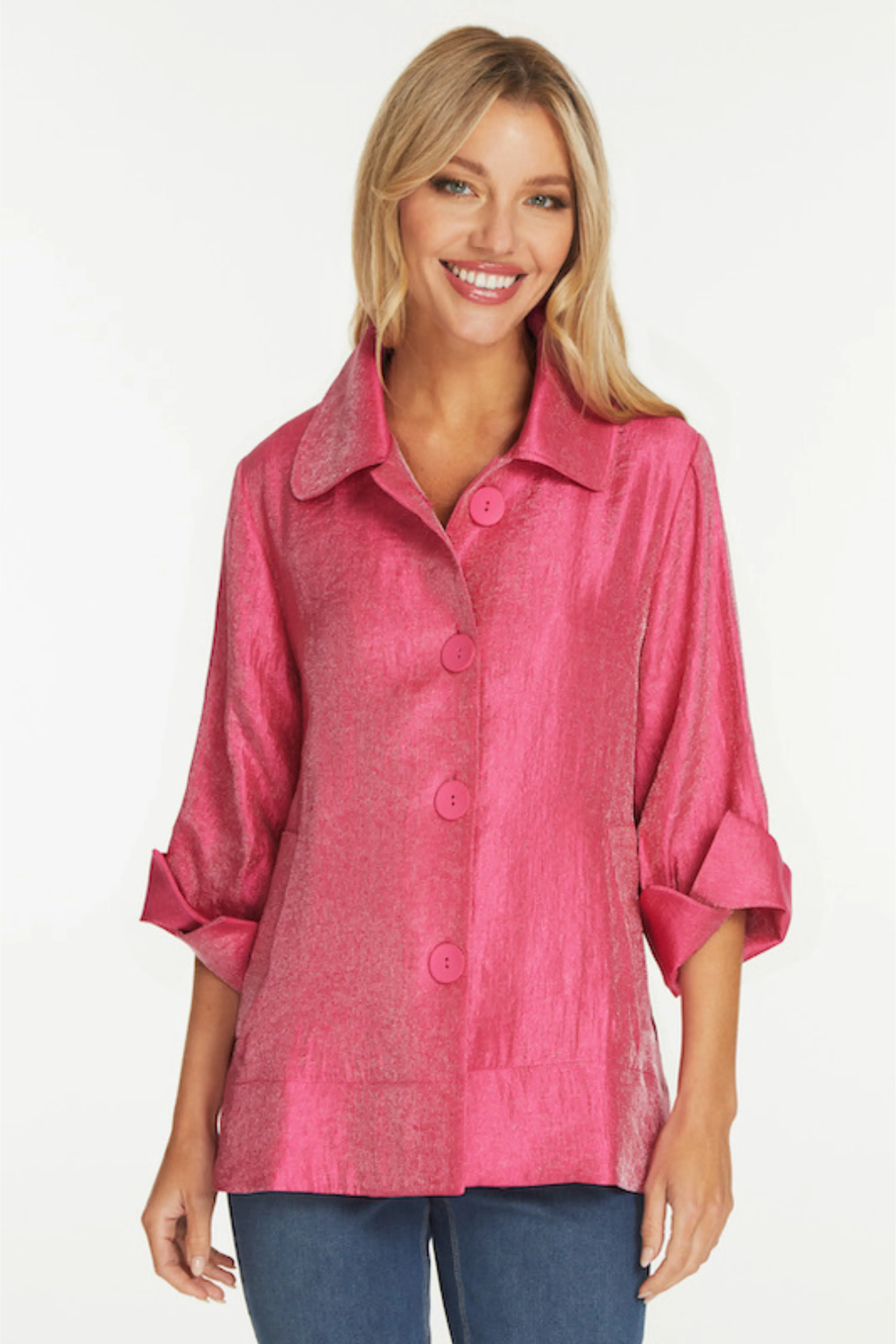 Woven Shimmer Button Front Jacket- Petite- Bright Pink sold by Ail Miles Clothing