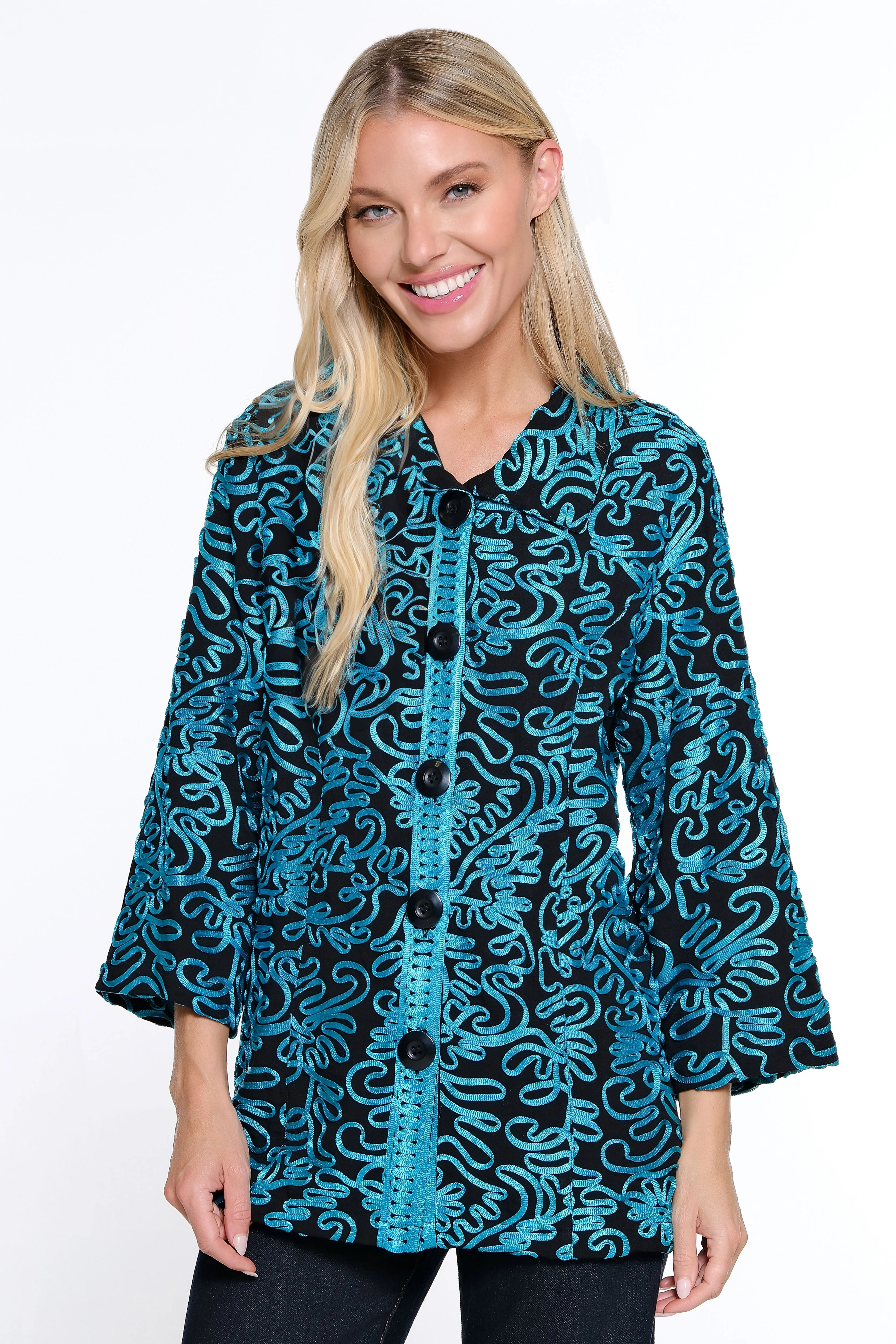 Knit Mesh Button Front Jacket - Turquoise sold by Ail Miles Clothing