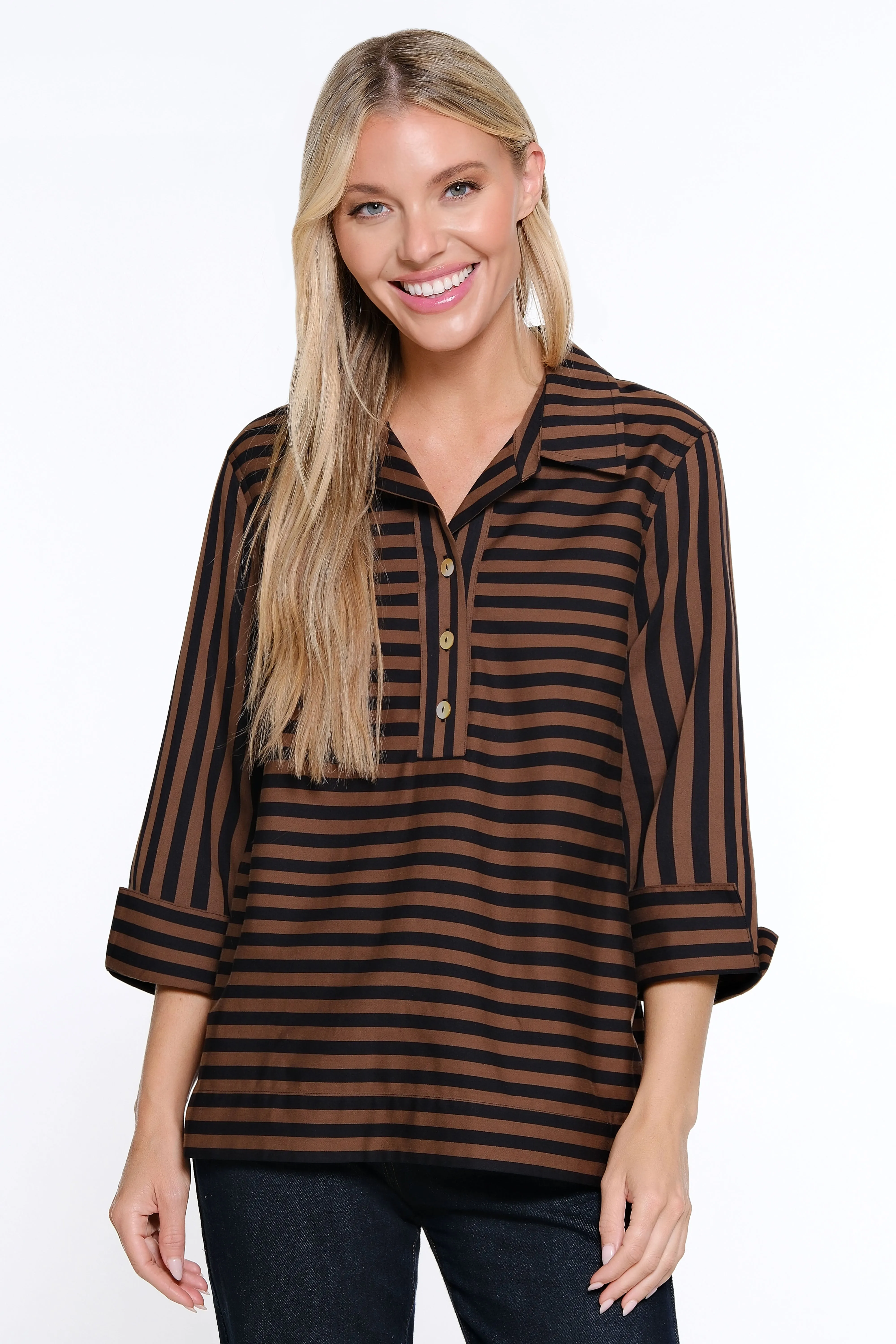 Yarn Dye Popover Button Placket Tunic - Toffee sold by Ail Miles Clothing