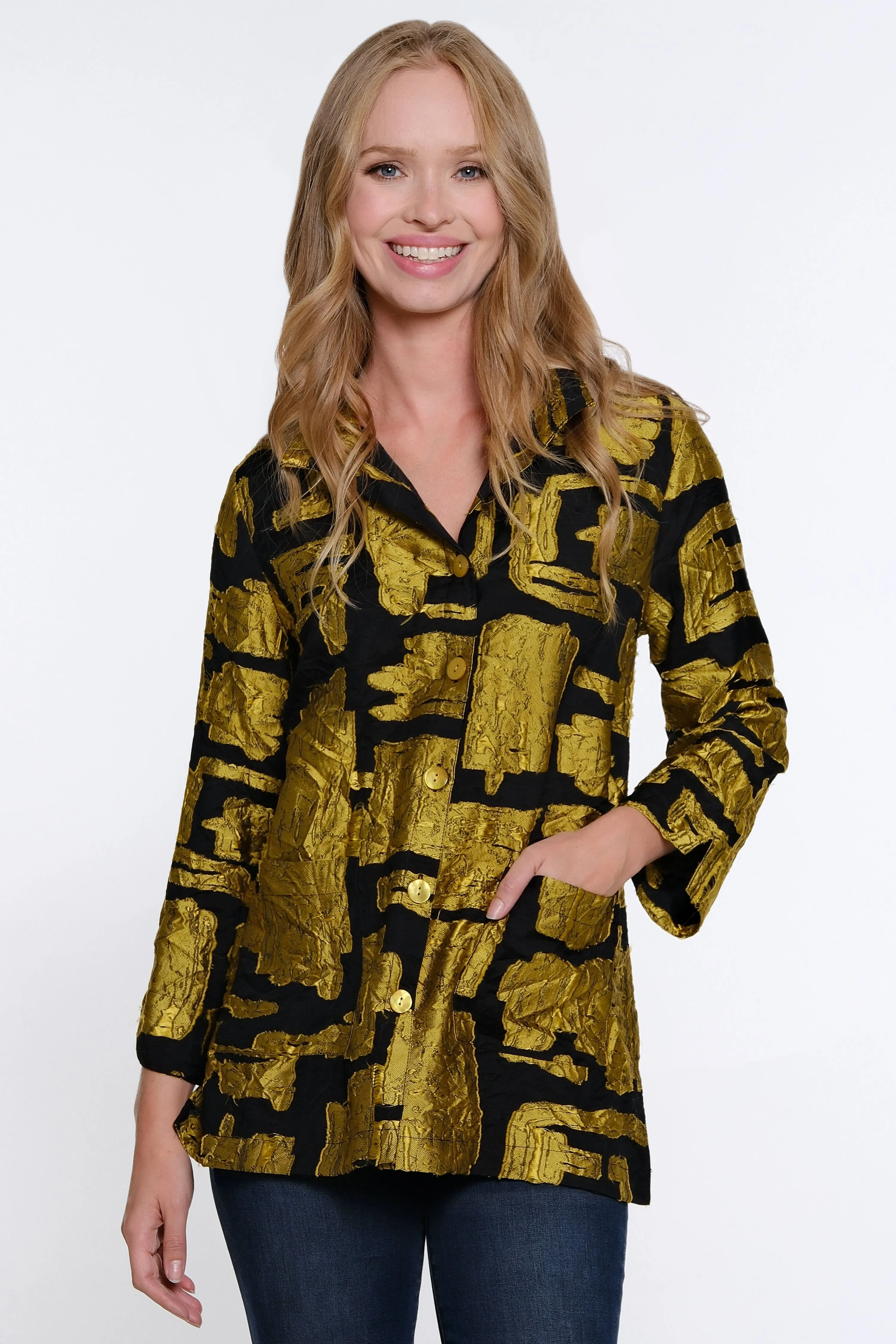 Woven Jacquard Button Front Jacket - Petite - Citron sold by Ail Miles Clothing