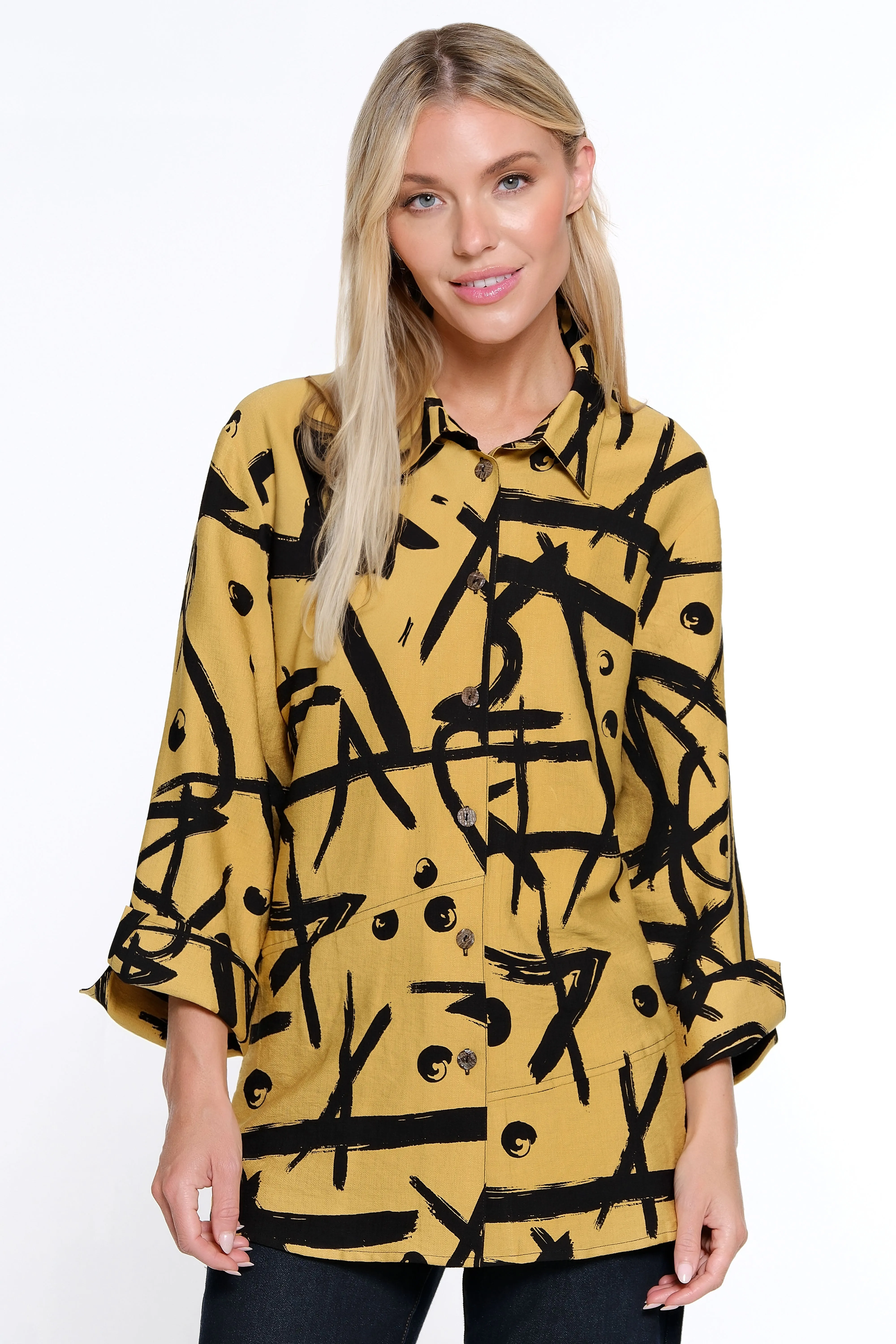 Printed Woven Button Front Blouse - Women's - Gold sold by Ail Miles Clothing
