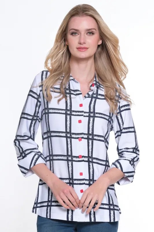 Woven Button Front Tunic-Petite- White/Blue sold by Ail Miles Clothing