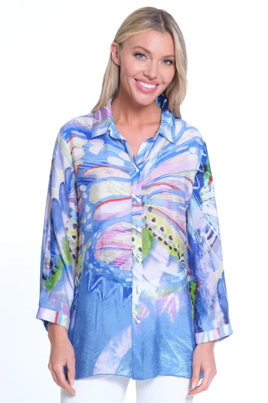 Printed Woven Button Front Tunic - Indigo Print sold by Ail Miles Clothing